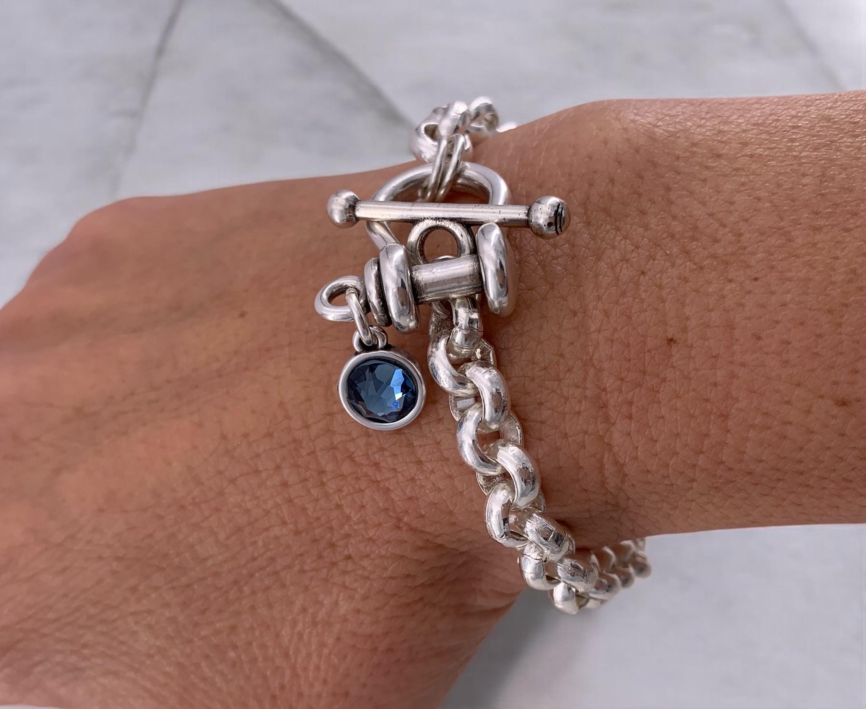 Silver chunky chain bracelet with Swarovski crystal, toggle clasp and padlock pendant, heavyweight bold bracelet, uno de 50 style, gift