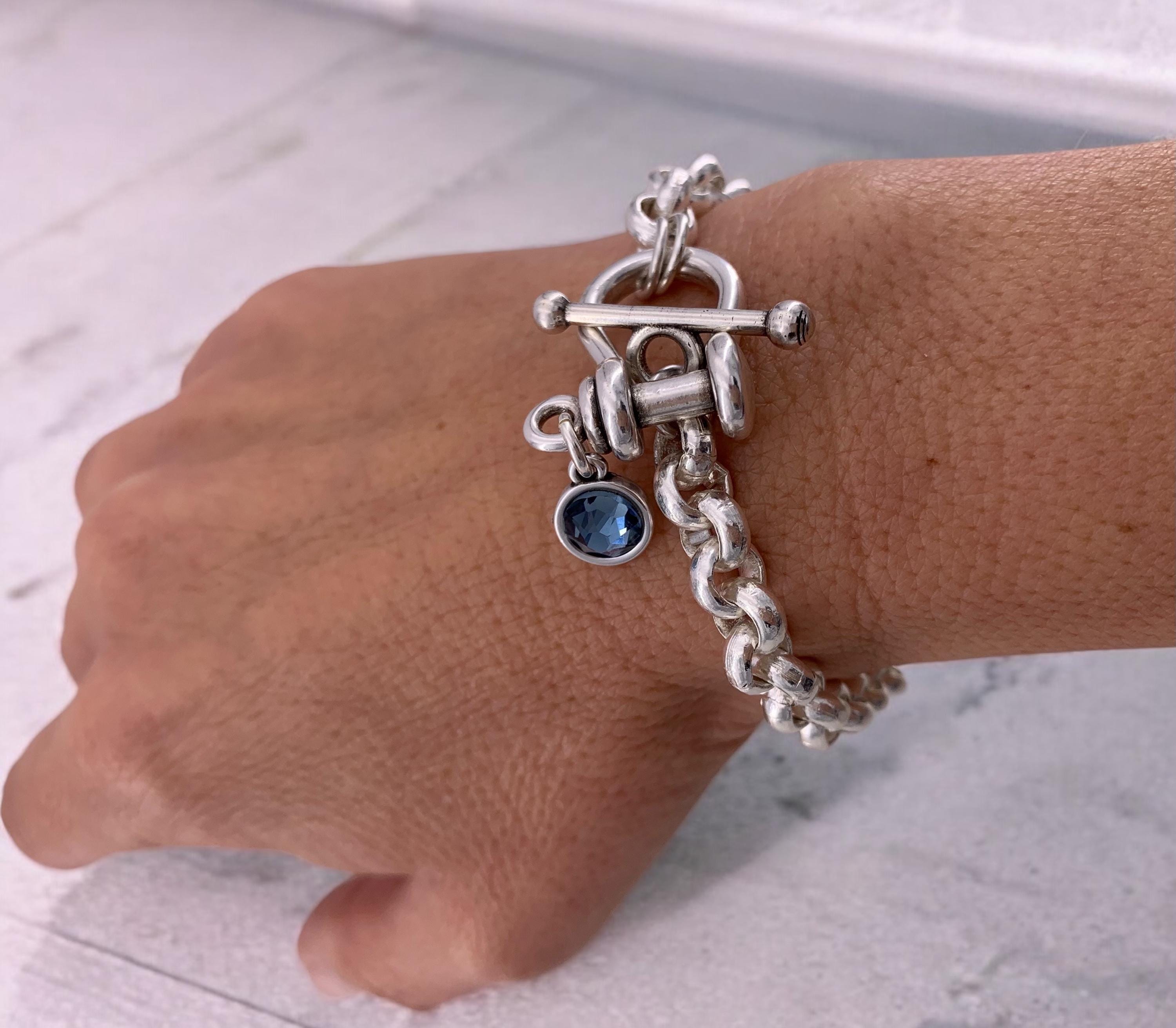 Silver chunky chain bracelet with Swarovski crystal, toggle clasp and padlock pendant, heavyweight bold bracelet, uno de 50 style, gift