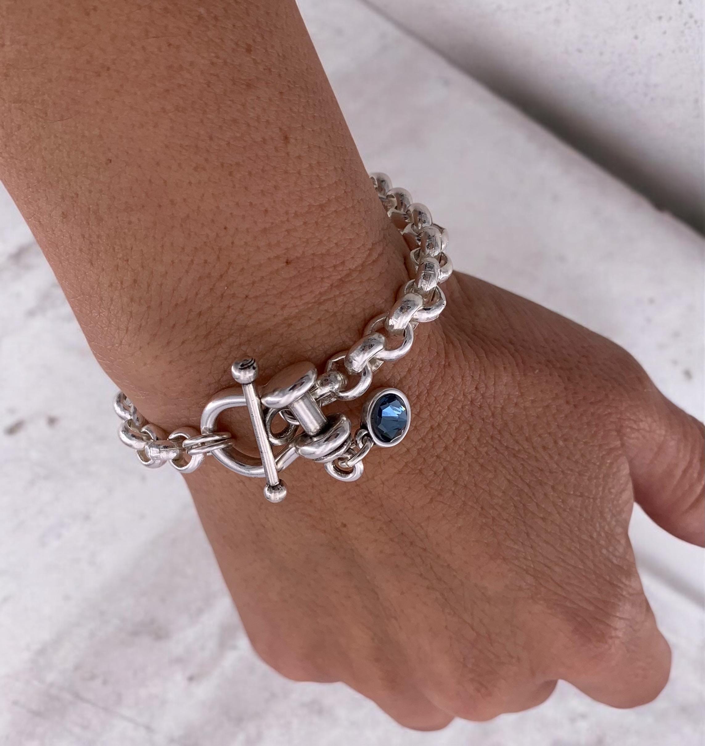 Silver chunky chain bracelet with Swarovski crystal, toggle clasp and padlock pendant, heavyweight bold bracelet, uno de 50 style, gift