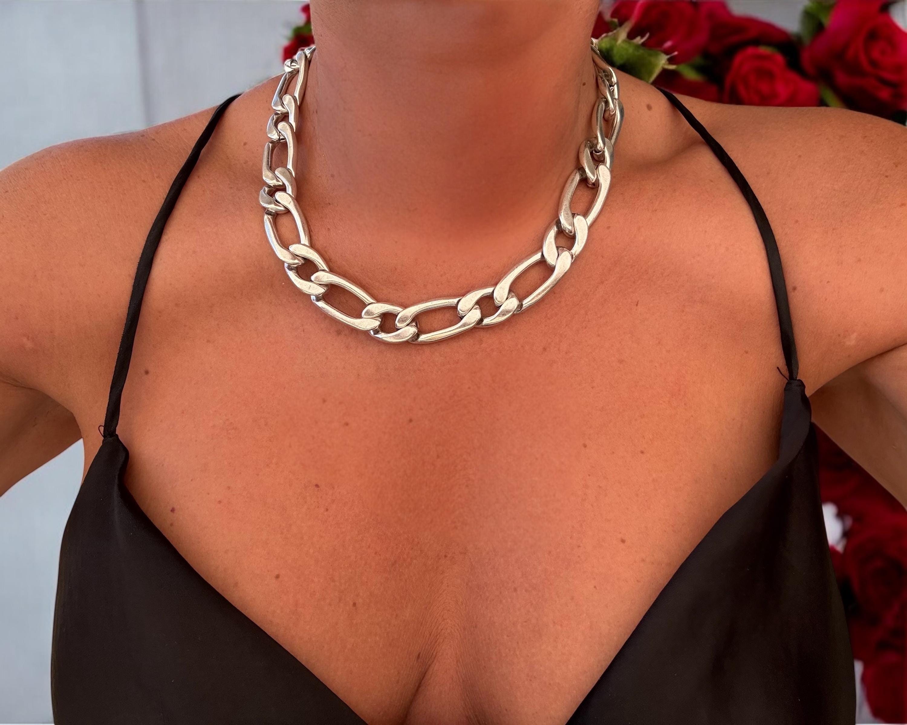 Chunky Statement Chain Necklace – Bold Lightweight Choker with Big Silver Links & Toggle Clasp