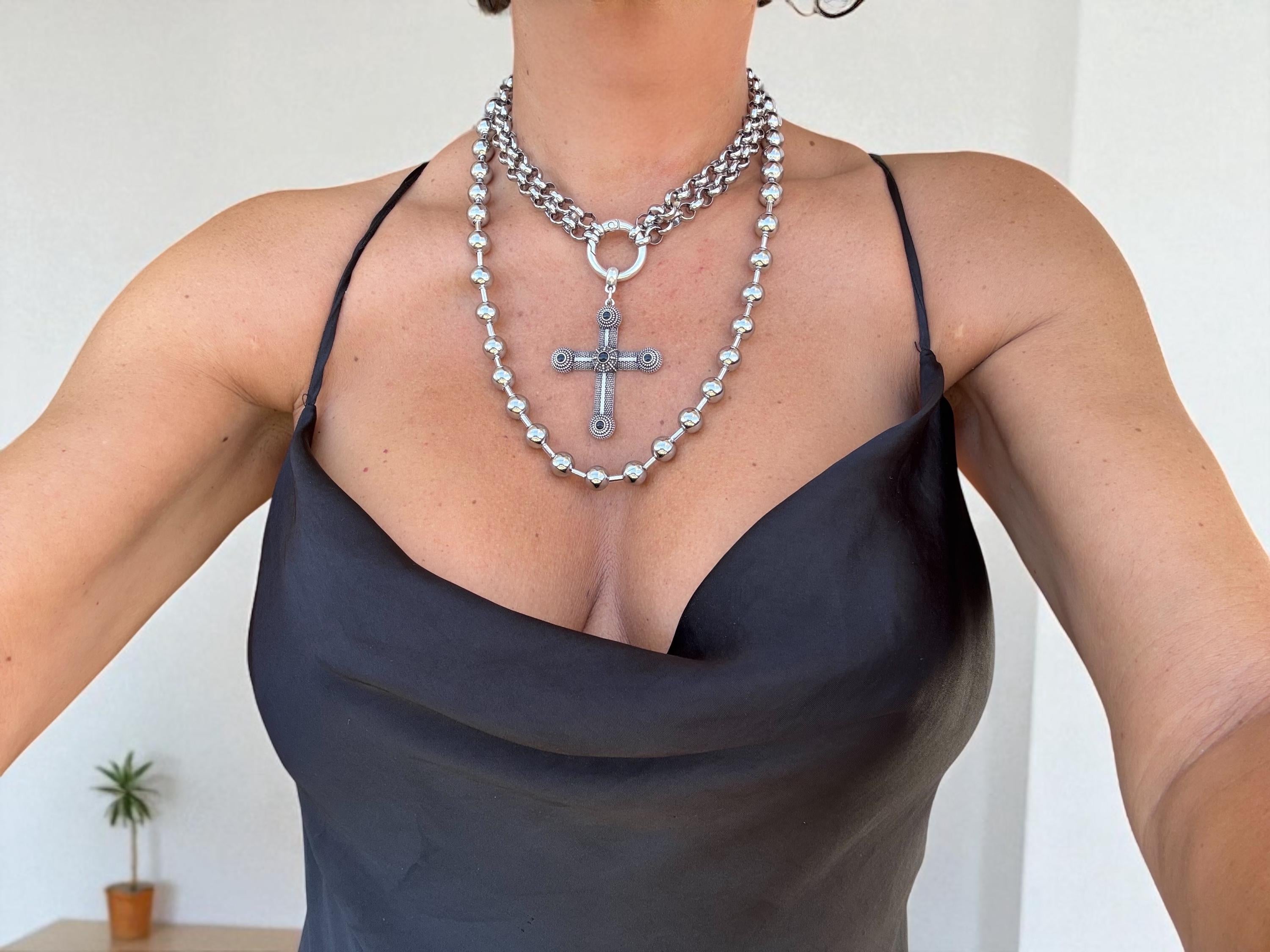 Layered Steel Chain Necklace Set – Black Enamel Cross Pendant & Bold Ball Chain – Versatile Gothic Statement Jewelry -