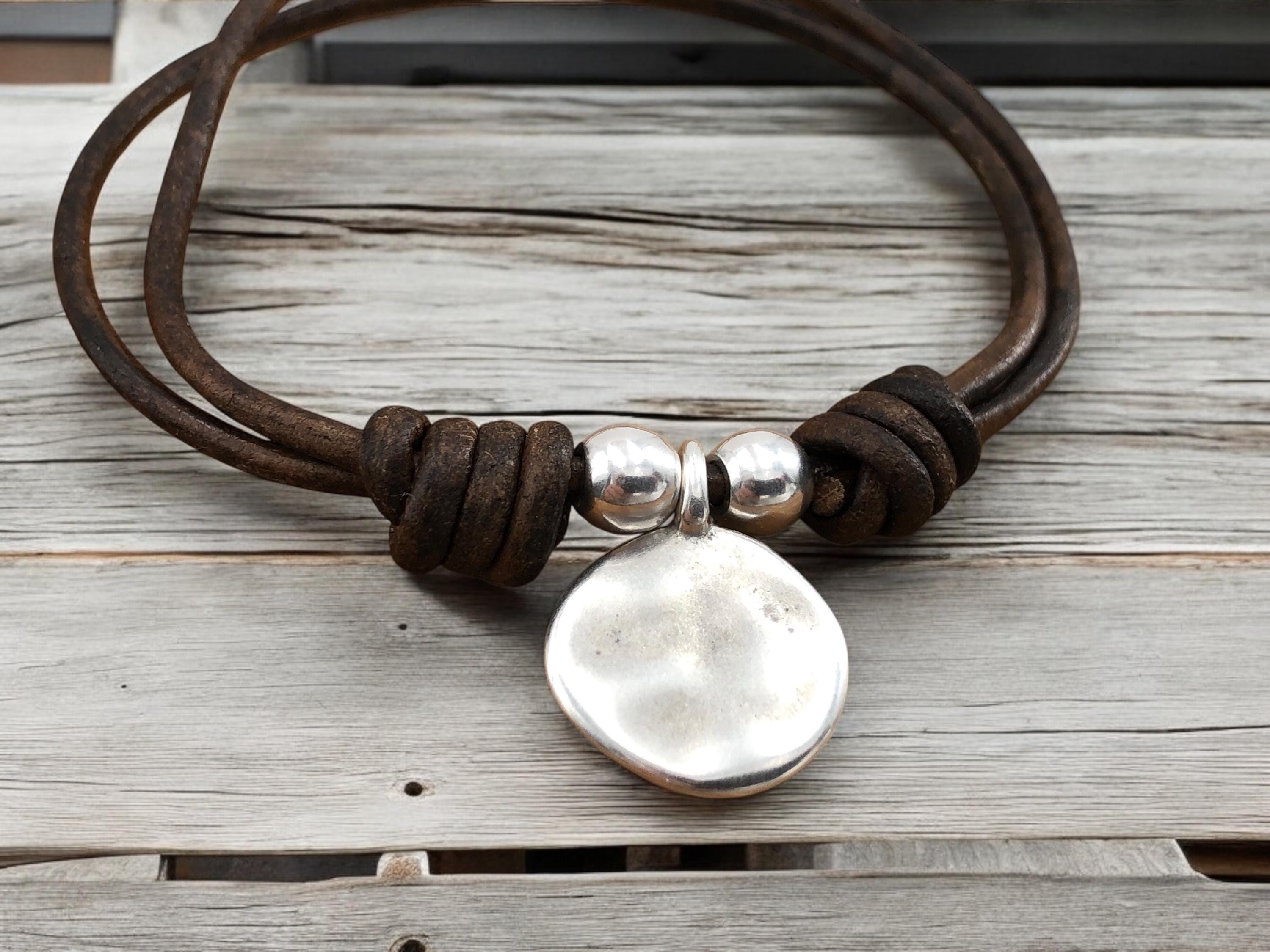 Handmade Leather Charm Bracelet, Sterling Silver Plated, Boho Tribal Style