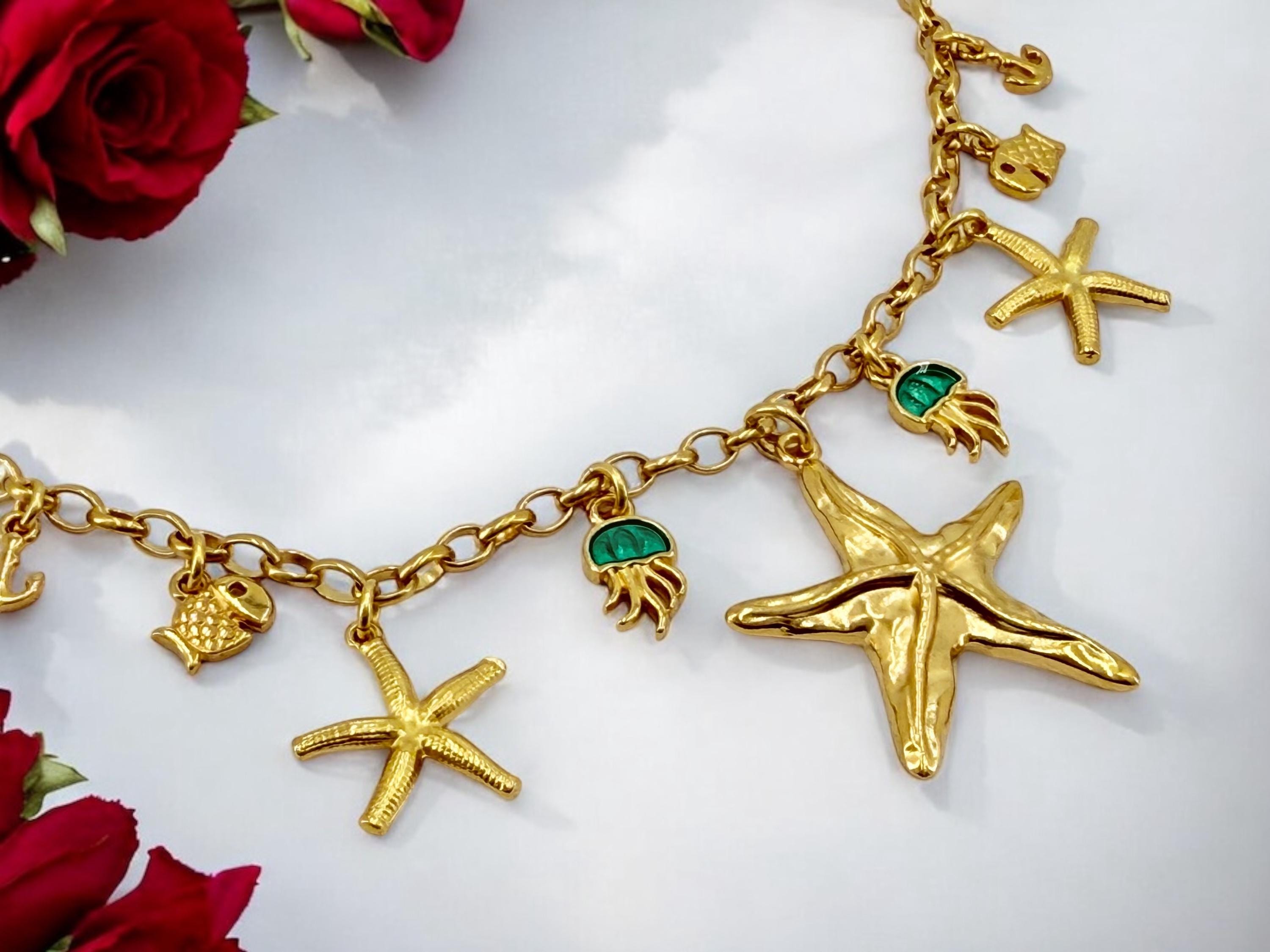 Gold multi charms summer necklace, bohemian sea elements pendant necklace, statement charms necklace, uno de 50 style, gift for women