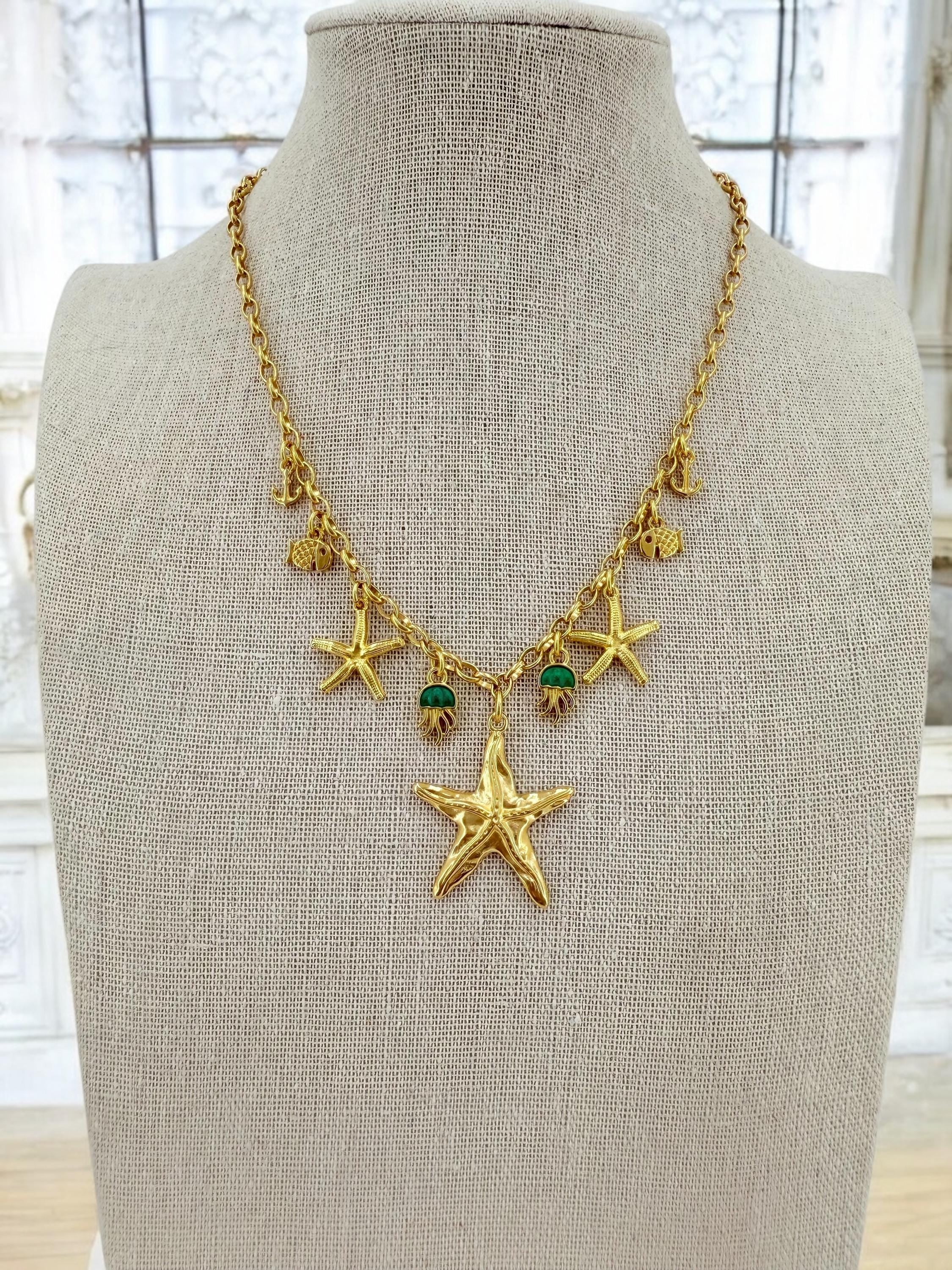 Gold multi charms summer necklace, bohemian sea elements pendant necklace, statement charms necklace, uno de 50 style, gift for women