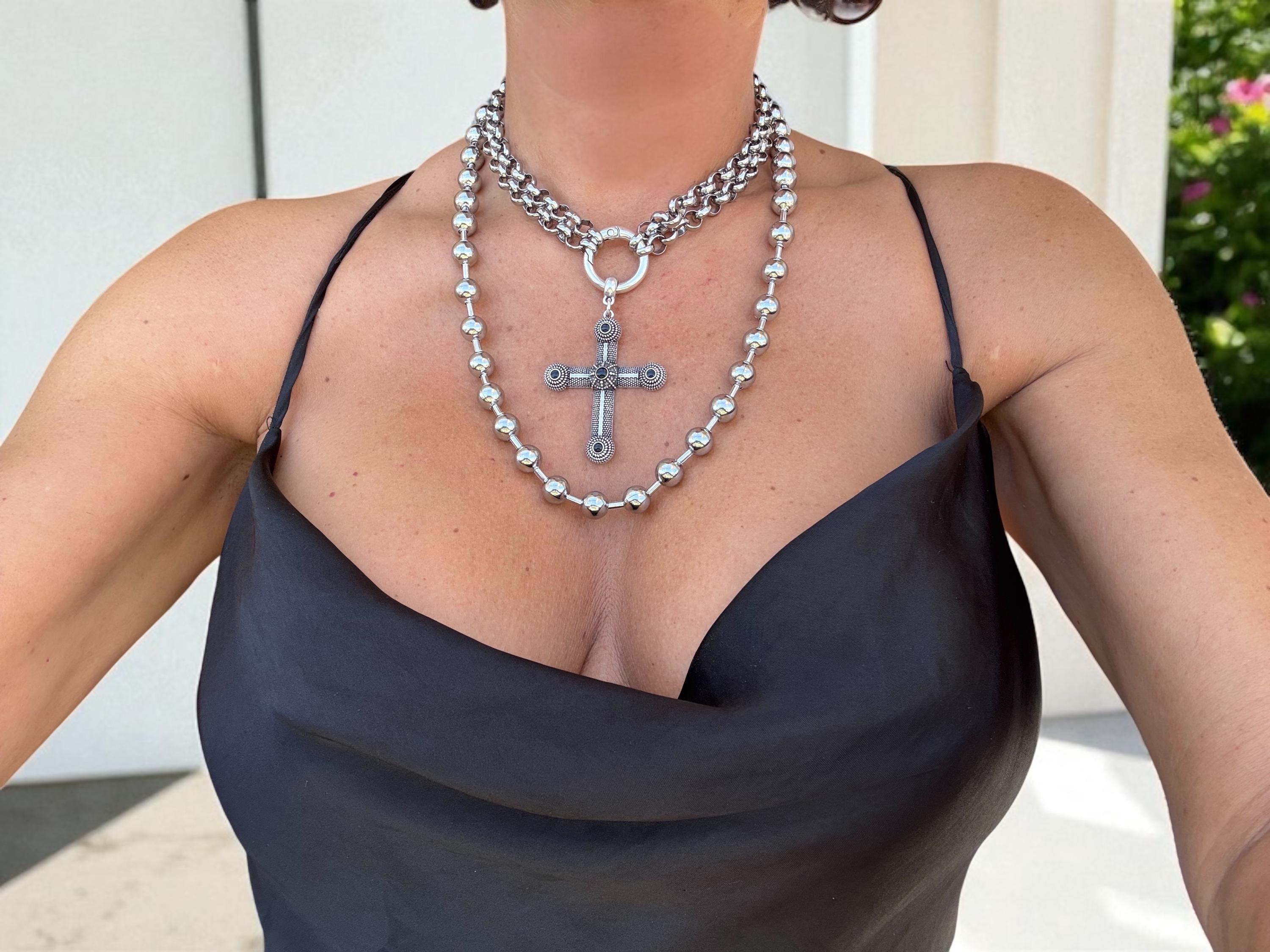 Layered Steel Chain Necklace Set – Black Enamel Cross Pendant & Bold Ball Chain – Versatile Gothic Statement Jewelry -