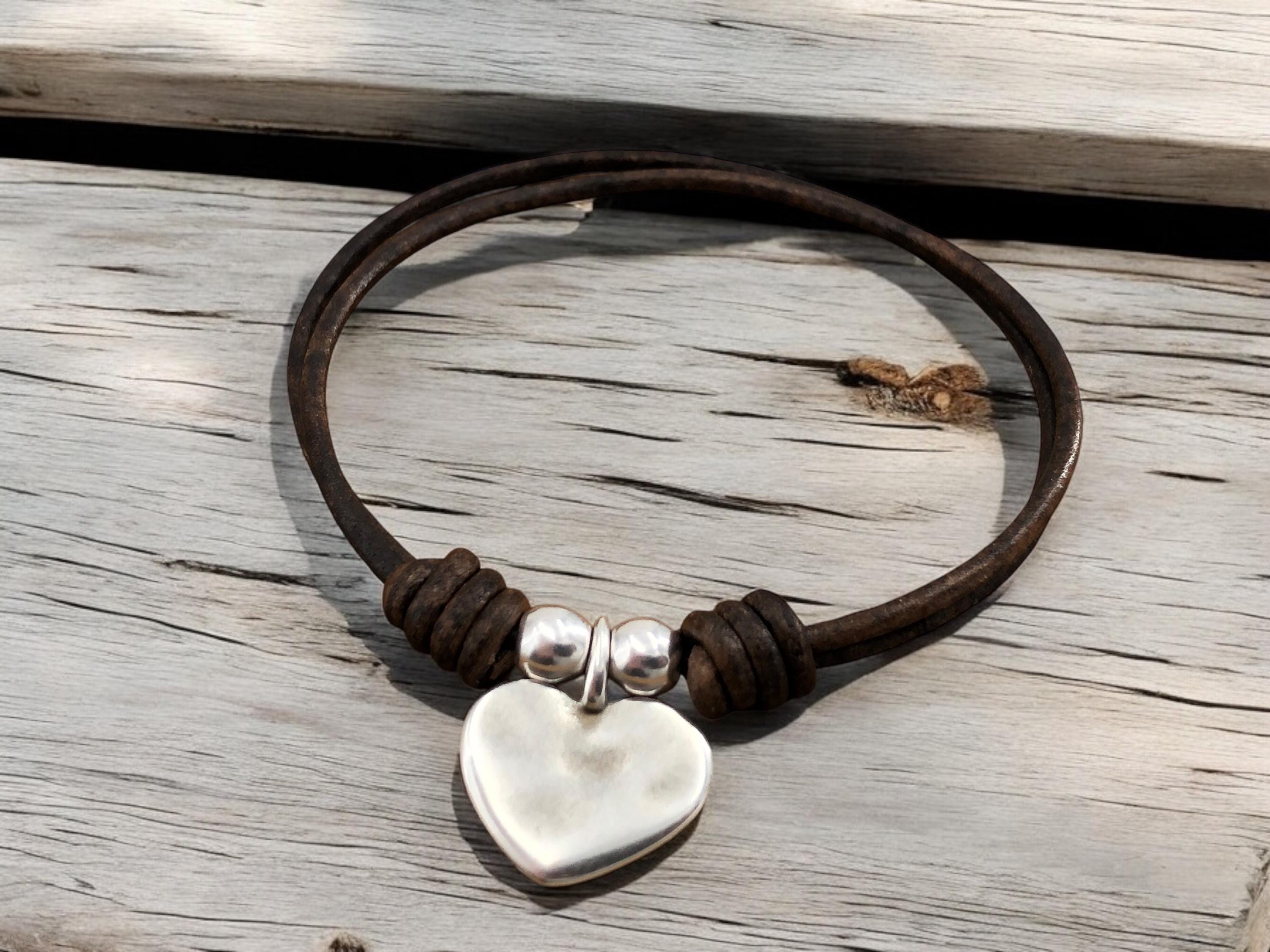 Handmade Leather Charm Bracelet, Sterling Silver Plated, Boho Tribal Style