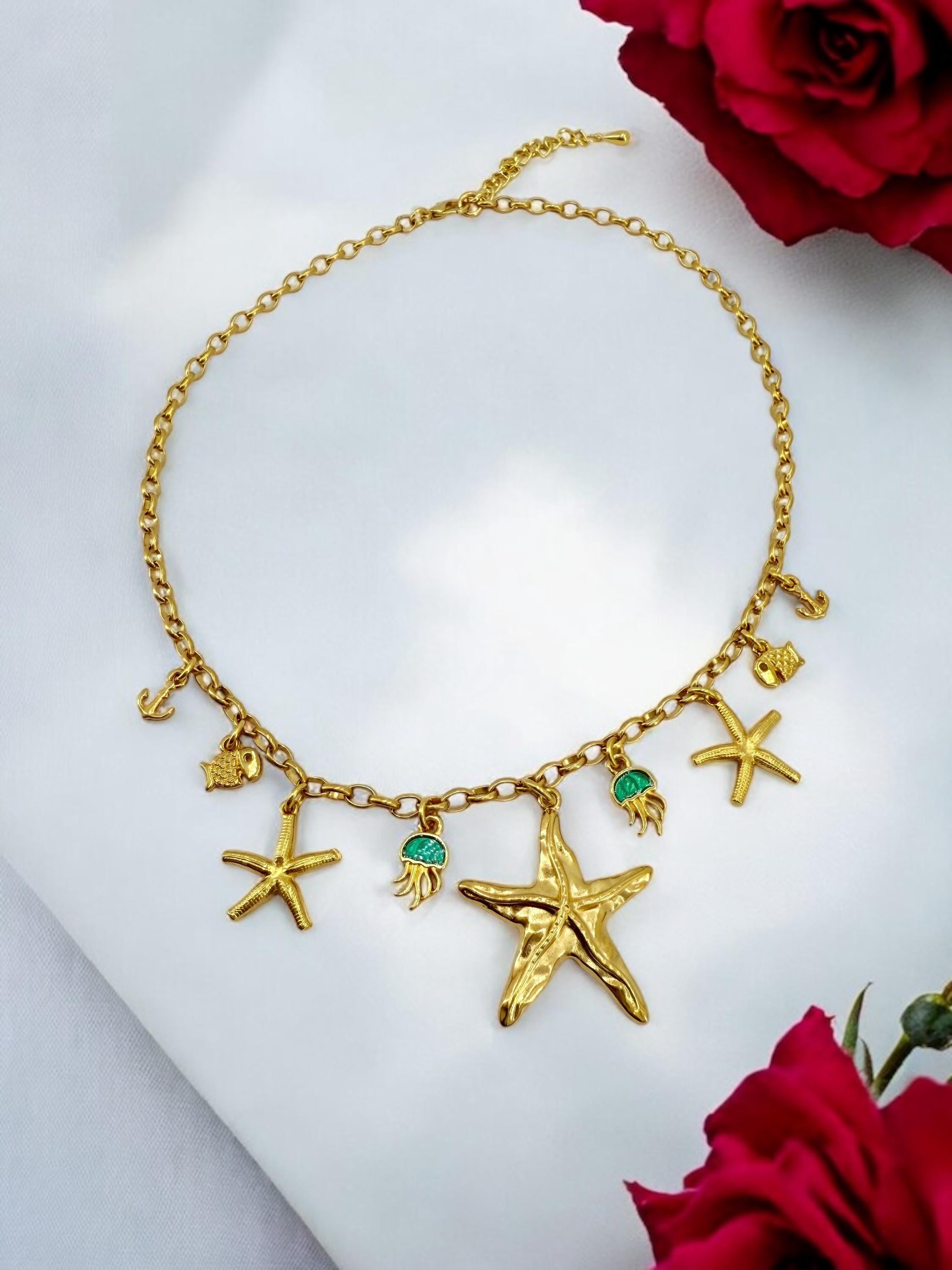 Gold multi charms summer necklace, bohemian sea elements pendant necklace, statement charms necklace, uno de 50 style, gift for women