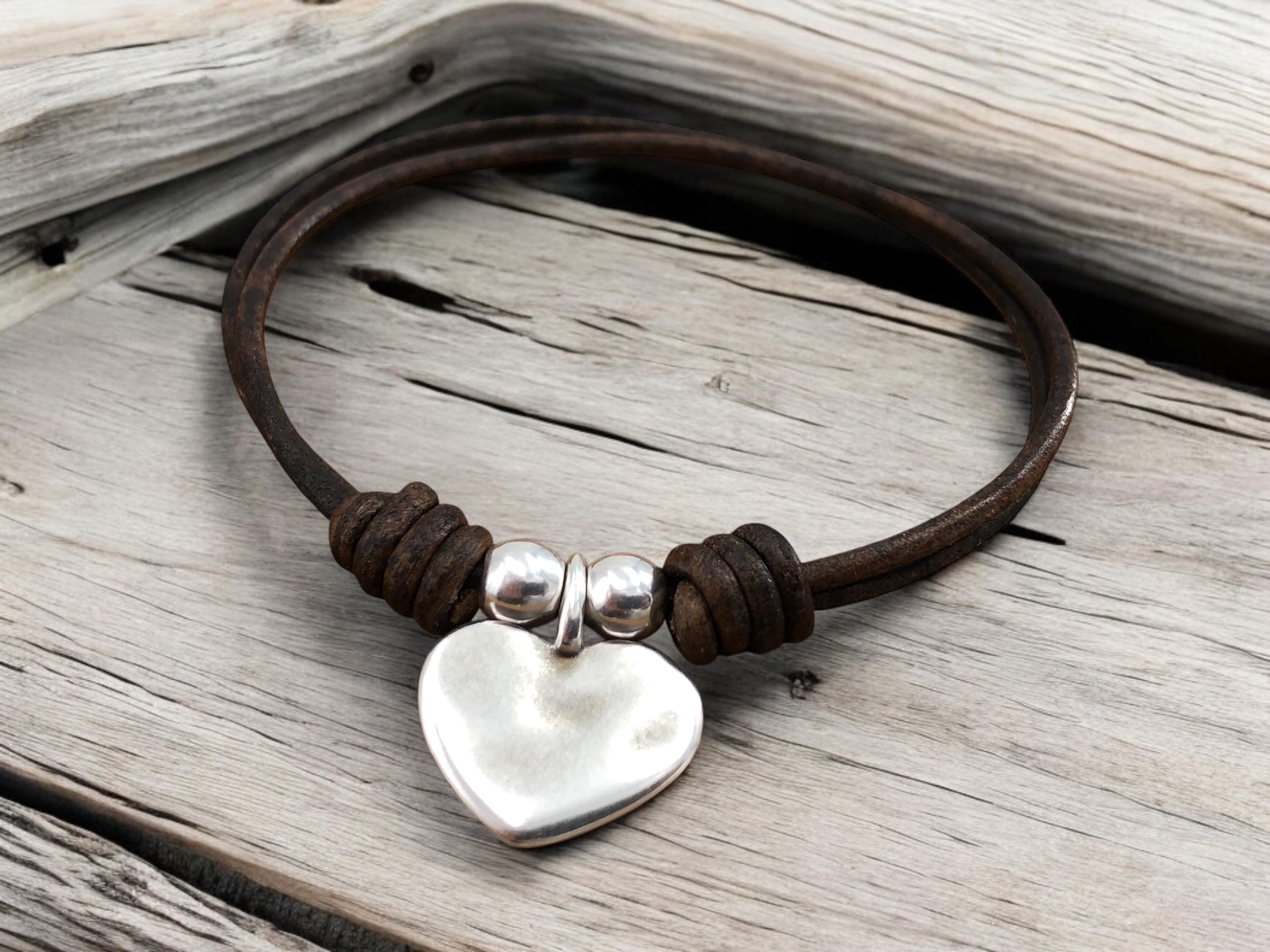 Handmade Leather Charm Bracelet, Sterling Silver Plated, Boho Tribal Style