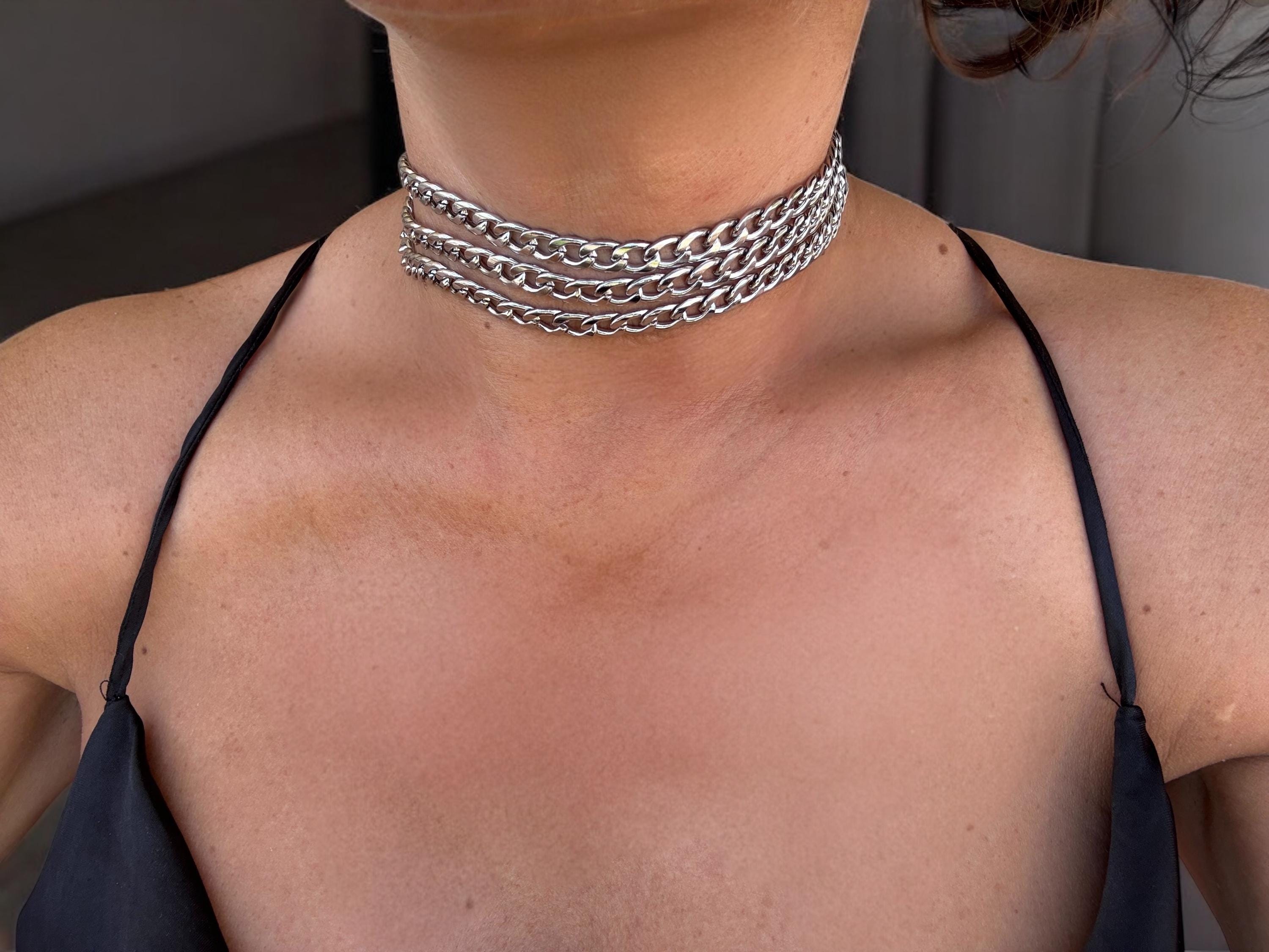 Triple Chain Choker: Adjustable stainless steel necklace with a padlock pendant. Bold, layered handmade jewelry.