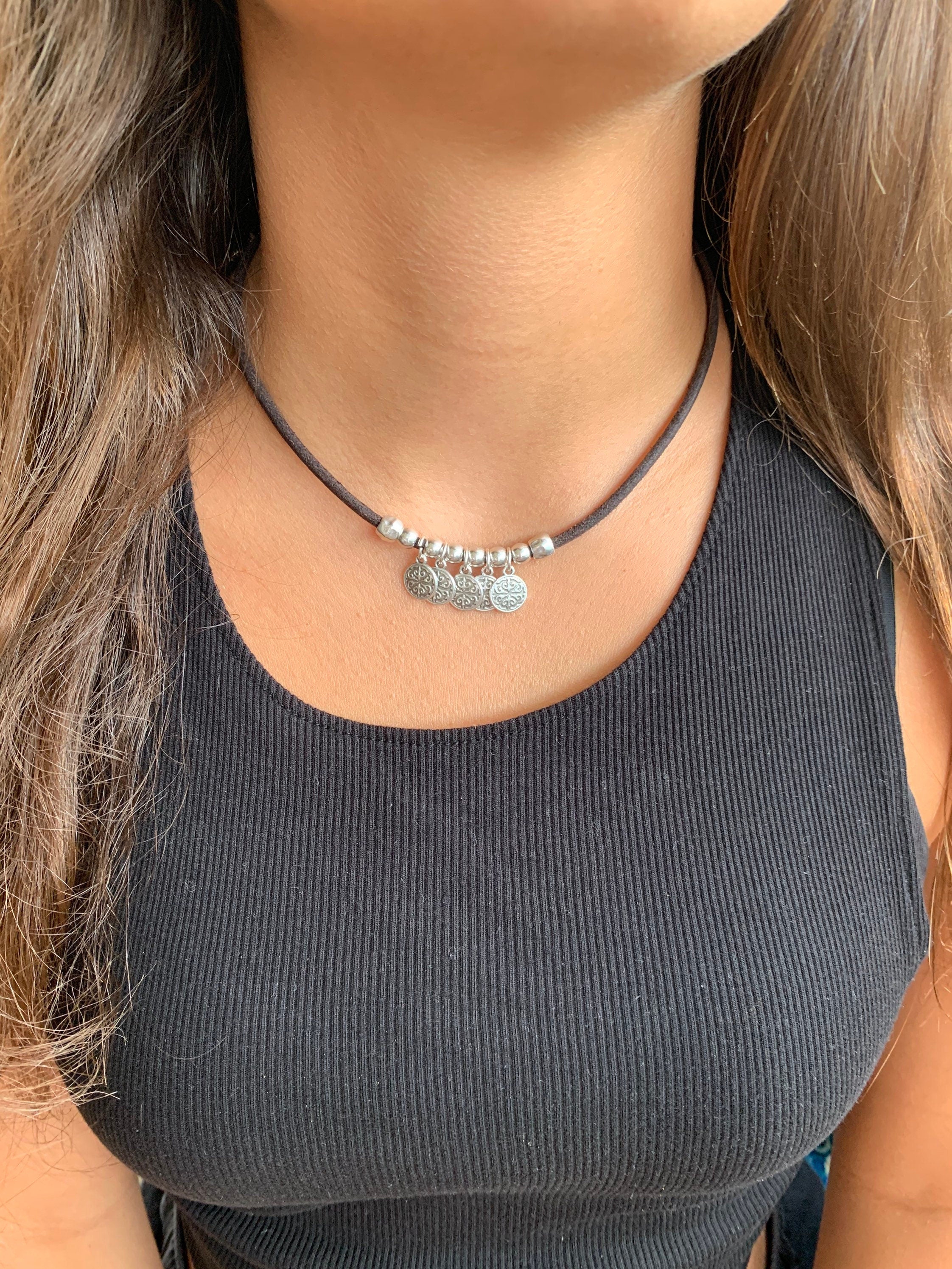 Minimalist Choker Leather Necklace - Boho Summer Choker with Charms, Everyday Stylish Leather Jewelry for Women