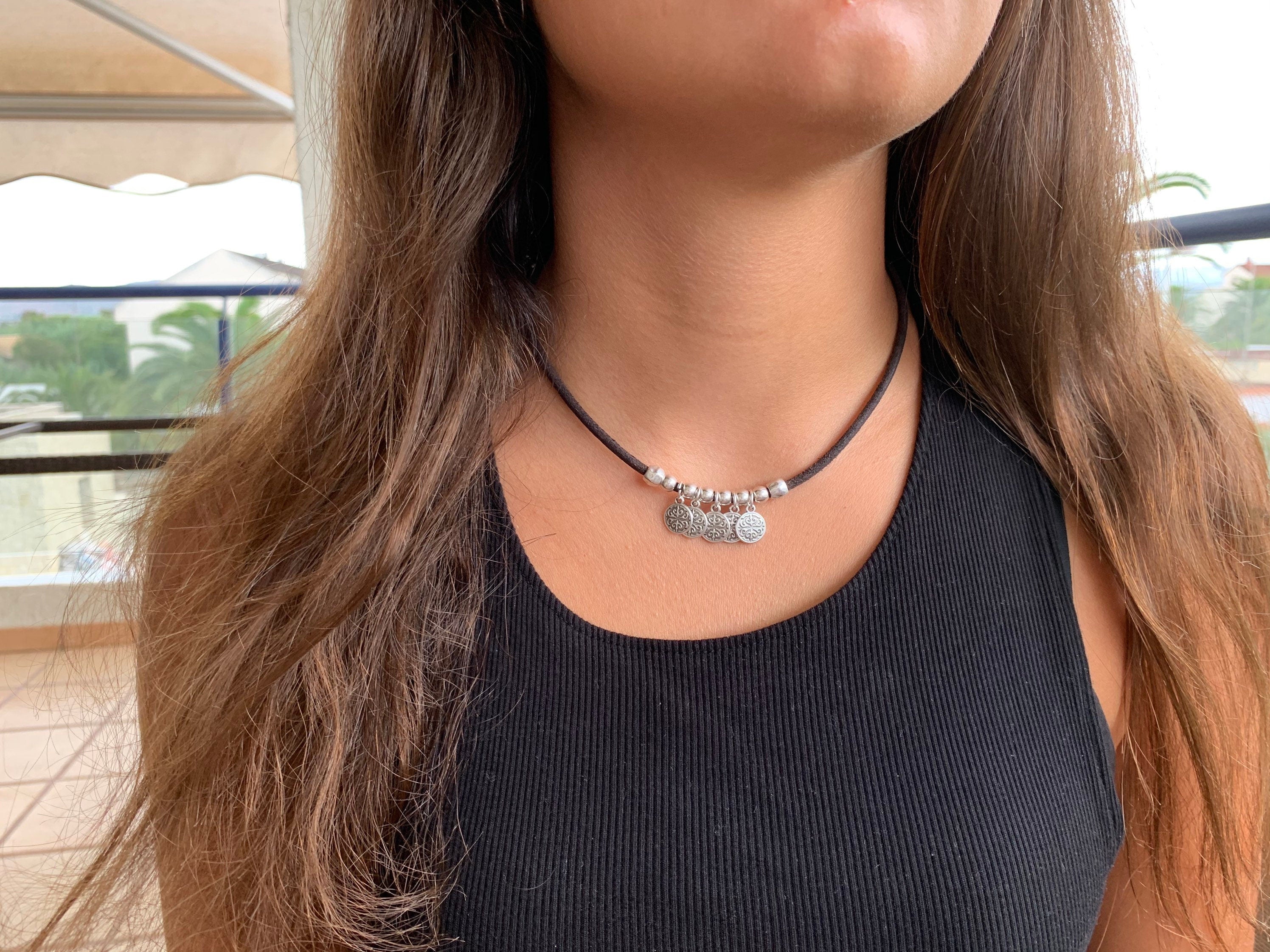 Minimalist Choker Leather Necklace - Boho Summer Choker with Charms, Everyday Stylish Leather Jewelry for Women