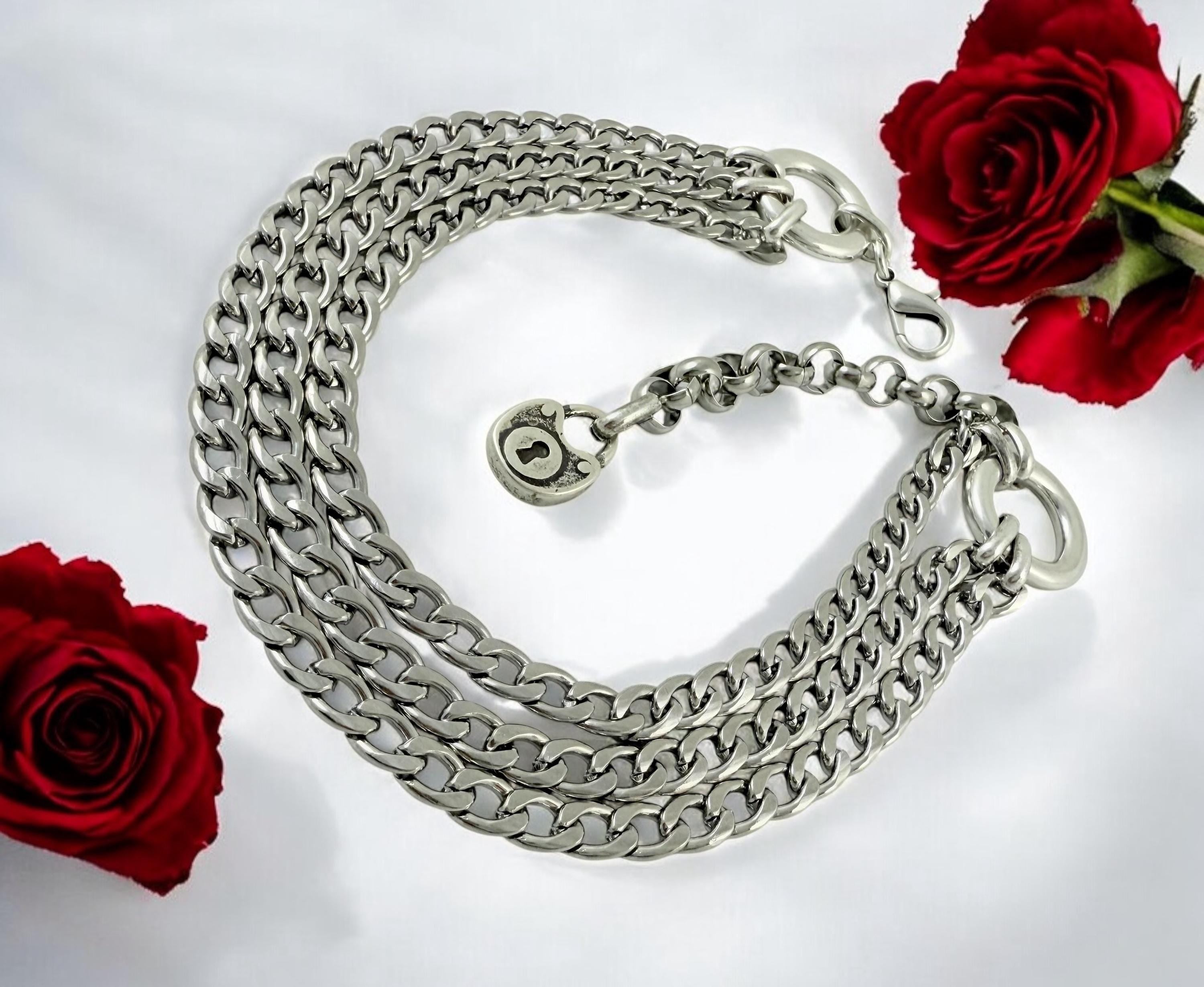 Triple Chain Choker: Adjustable stainless steel necklace with a padlock pendant. Bold, layered handmade jewelry.