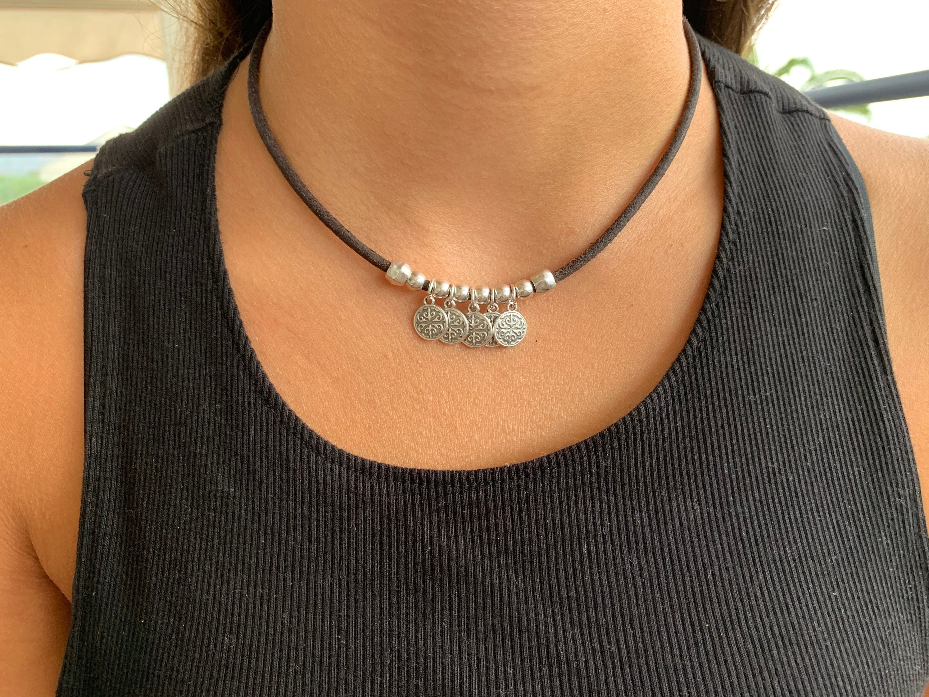 Minimalist Choker Leather Necklace - Boho Summer Choker with Charms, Everyday Stylish Leather Jewelry for Women