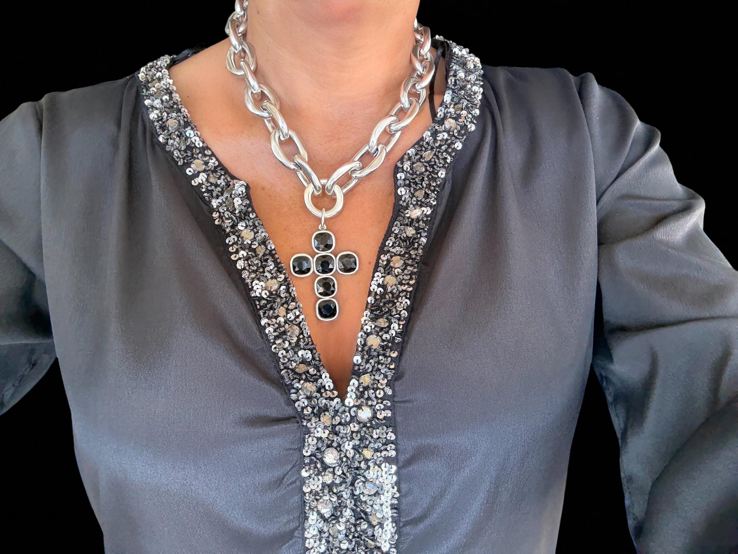 Chunky Chain Necklace with Black Swarovski Crystal cross Pendant –Brutalist Silver Cross Necklace – Handmade Sculptural silver choker