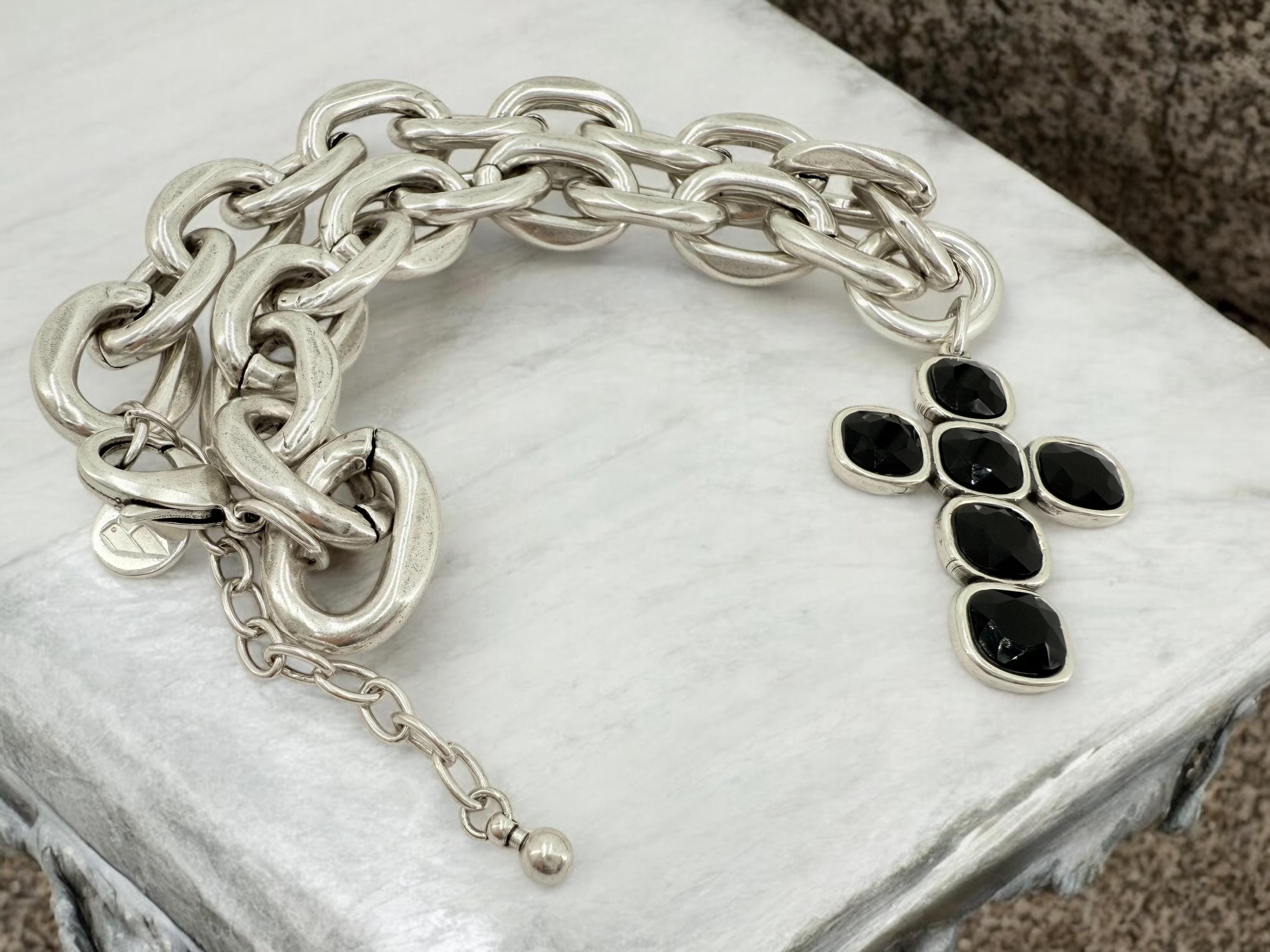 Chunky Chain Necklace with Black Swarovski Crystal cross Pendant –Brutalist Silver Cross Necklace – Handmade Sculptural silver choker