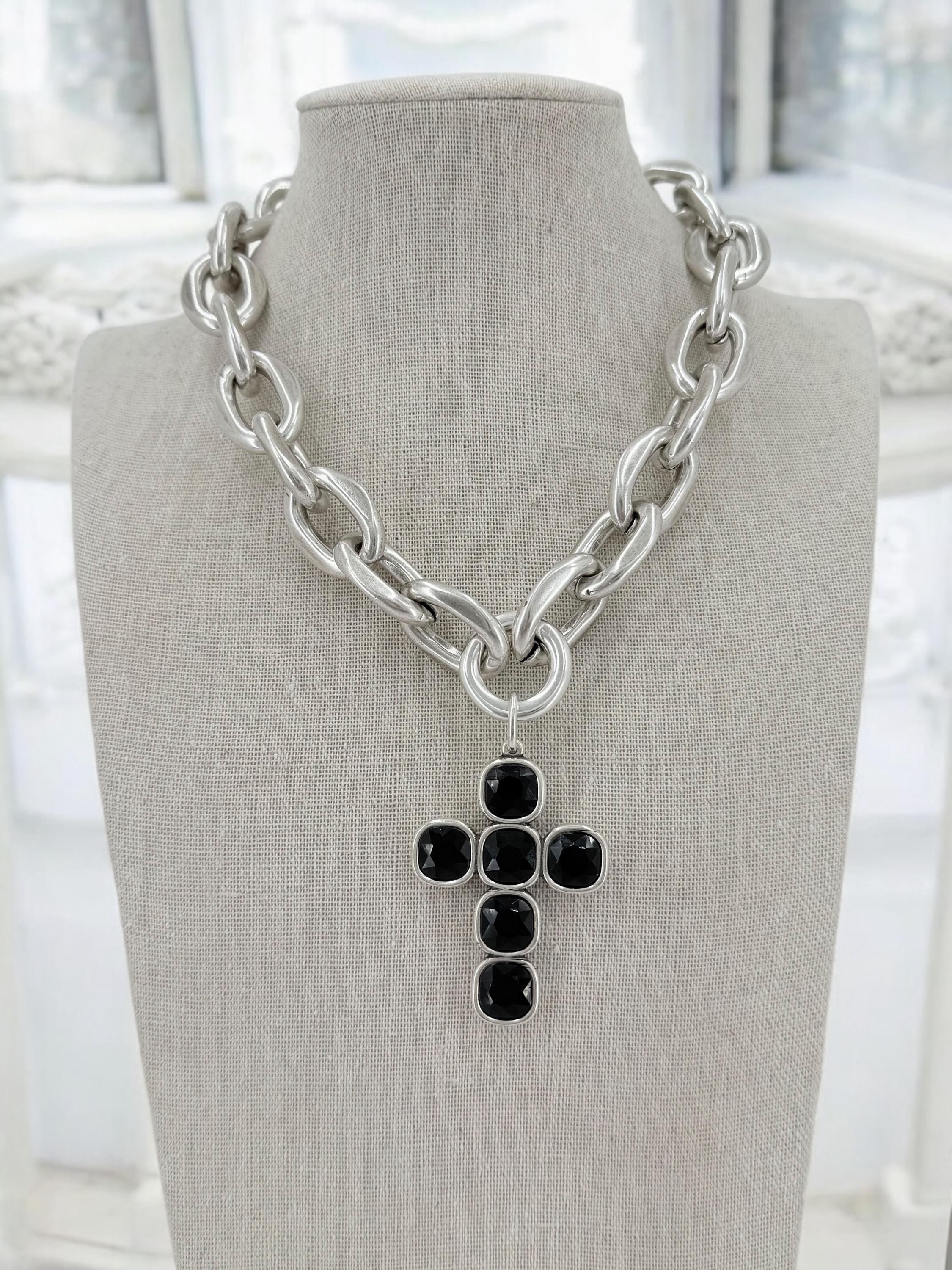 Chunky Chain Necklace with Black Swarovski Crystal cross Pendant –Brutalist Silver Cross Necklace – Handmade Sculptural silver choker
