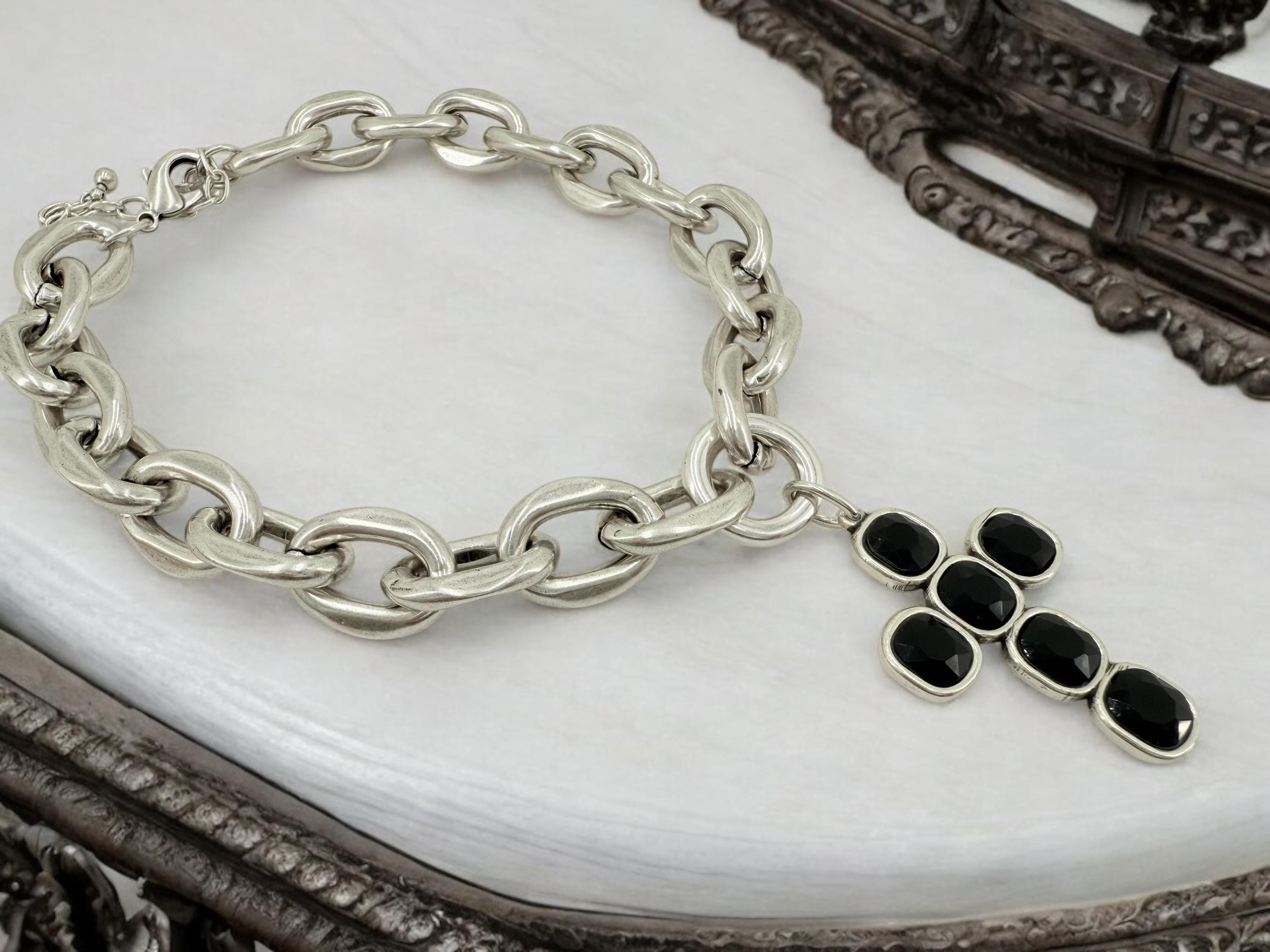 Chunky Chain Necklace with Black Swarovski Crystal cross Pendant –Brutalist Silver Cross Necklace – Handmade Sculptural silver choker