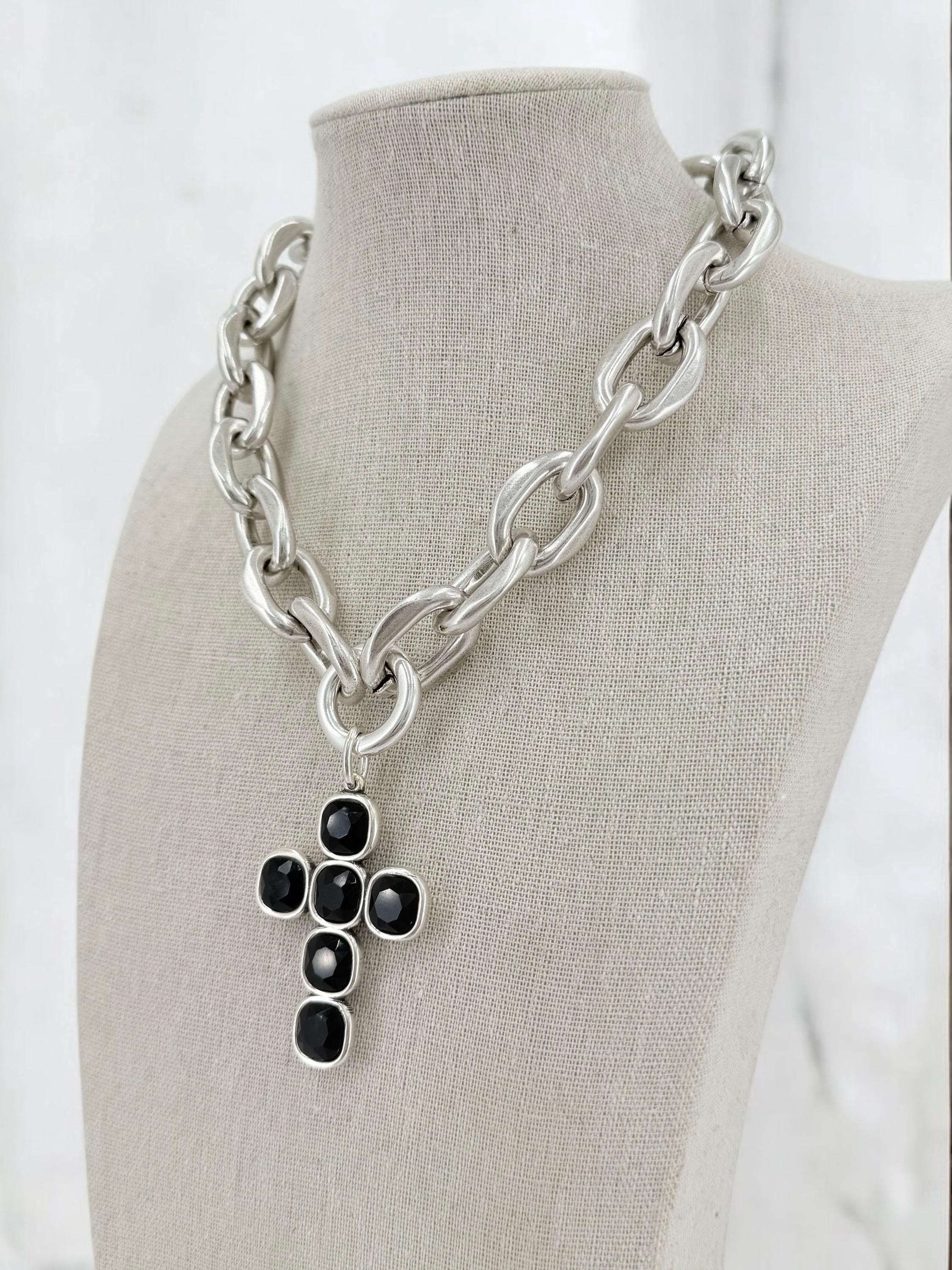 Chunky Chain Necklace with Black Swarovski Crystal cross Pendant –Brutalist Silver Cross Necklace – Handmade Sculptural silver choker
