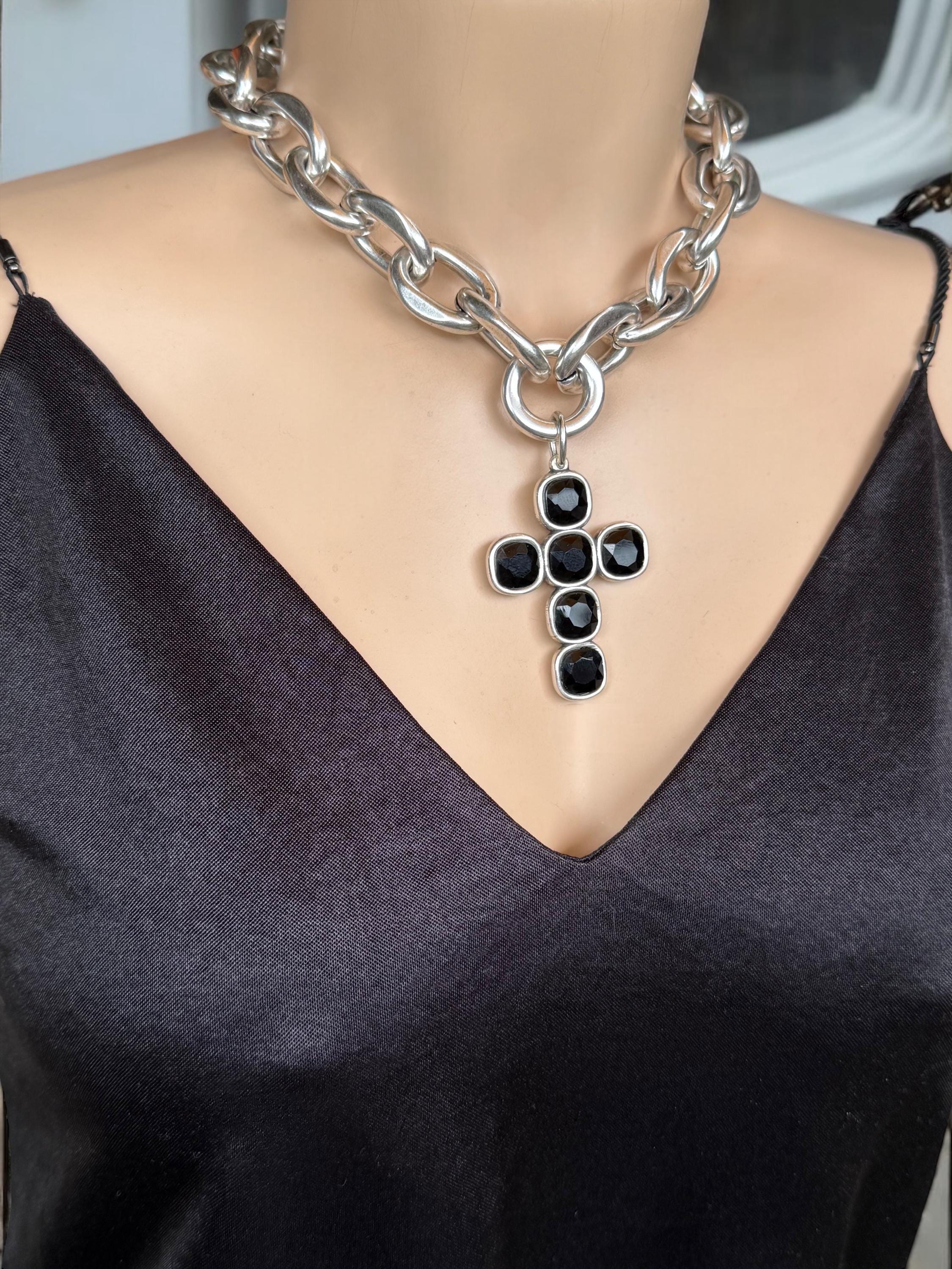 Chunky Chain Necklace with Black Swarovski Crystal cross Pendant –Brutalist Silver Cross Necklace – Handmade Sculptural silver choker