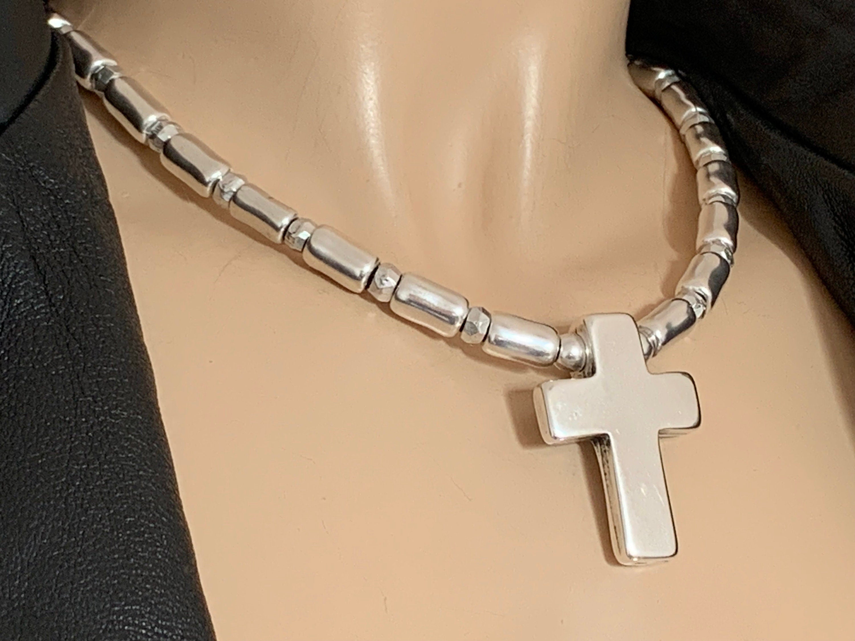Chunky Silver Tube Bead Necklace – Large Cross Pendant – Heavy Statement Jewelry – Custom Length - statement cross pendant- unisex necklace