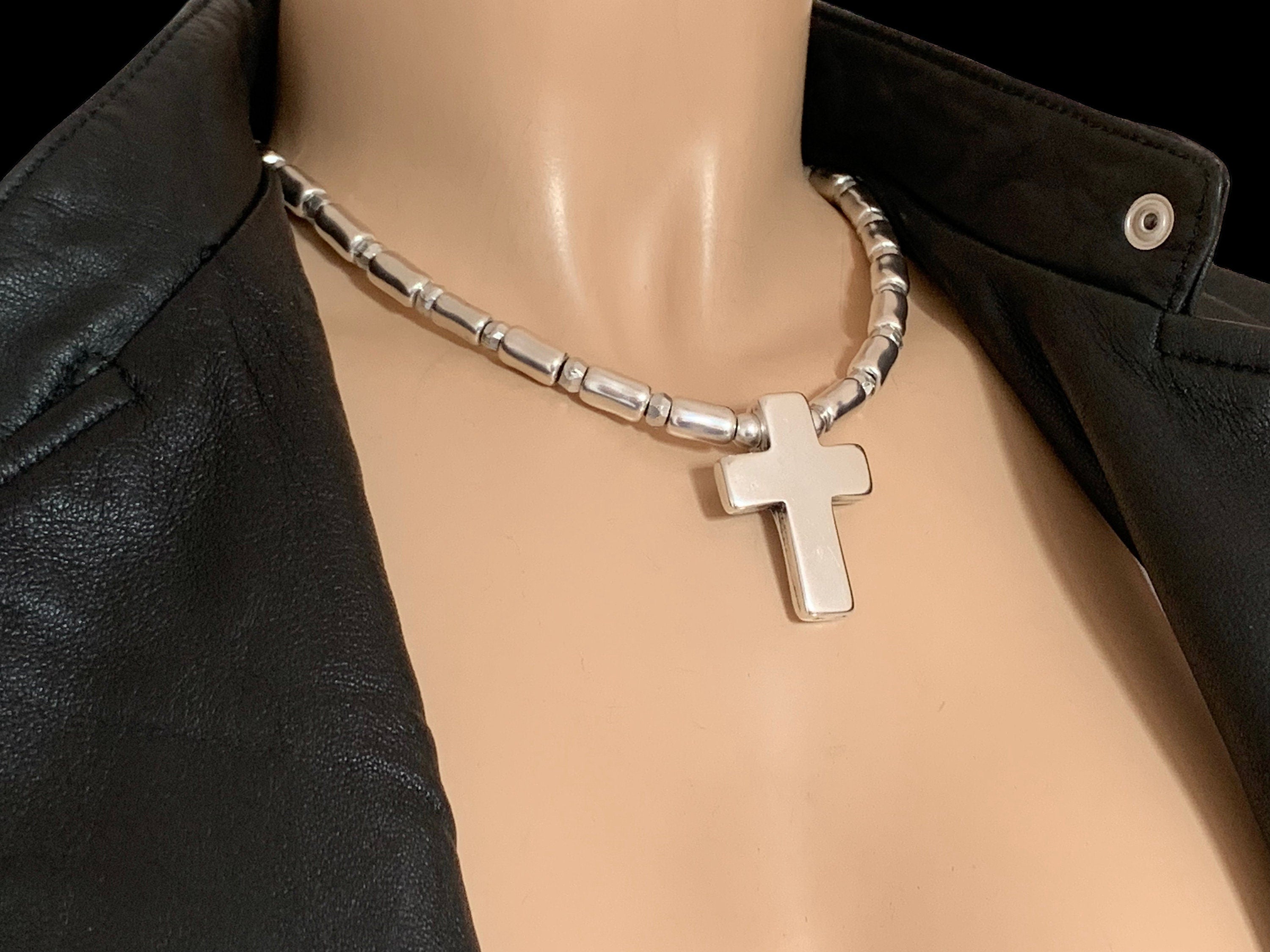 Chunky Silver Tube Bead Necklace – Large Cross Pendant – Heavy Statement Jewelry – Custom Length - statement cross pendant- unisex necklace