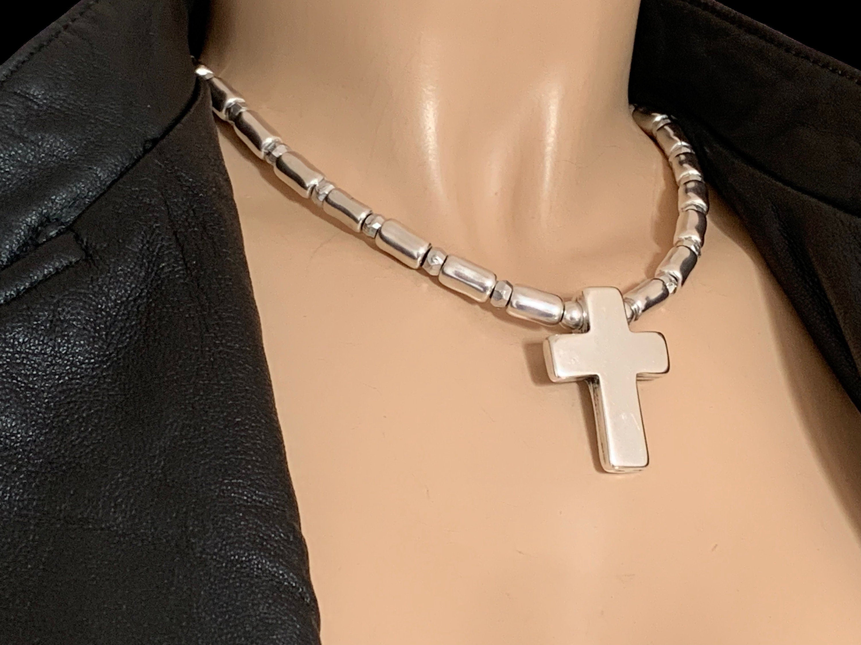Chunky Silver Tube Bead Necklace – Large Cross Pendant – Heavy Statement Jewelry – Custom Length - statement cross pendant- unisex necklace