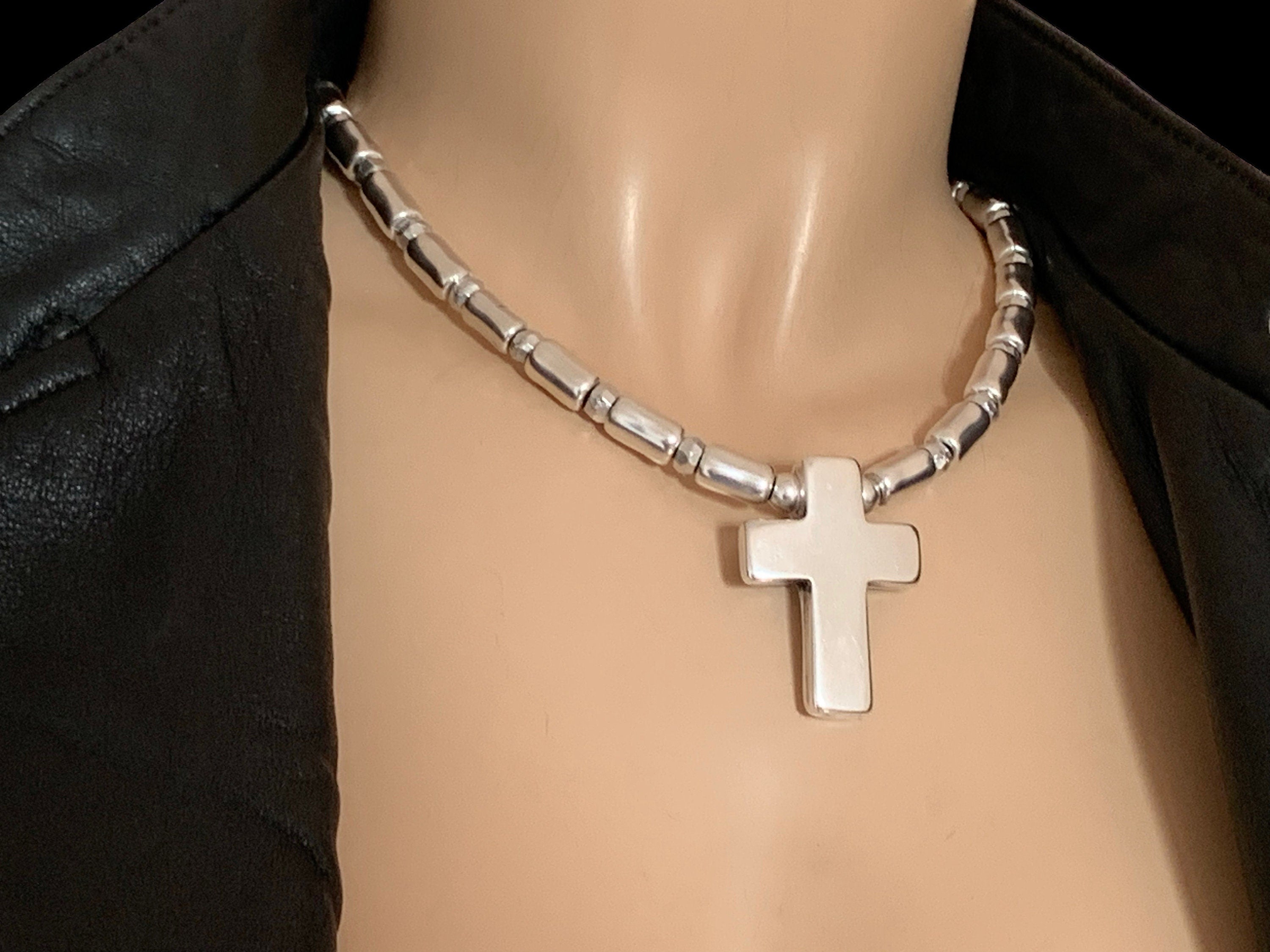Chunky Silver Tube Bead Necklace – Large Cross Pendant – Heavy Statement Jewelry – Custom Length - statement cross pendant- unisex necklace