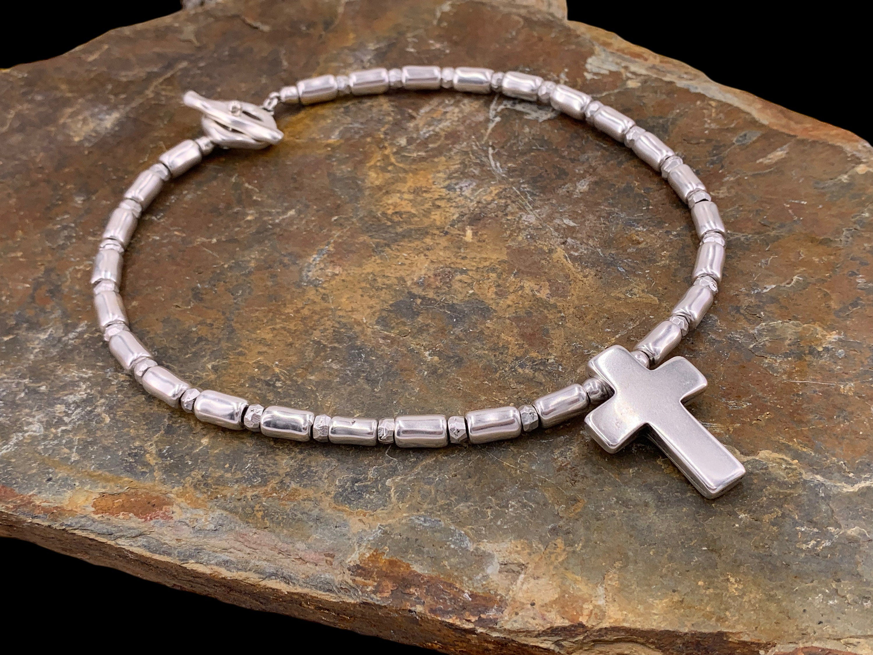 Chunky Silver Tube Bead Necklace – Large Cross Pendant – Heavy Statement Jewelry – Custom Length - statement cross pendant- unisex necklace