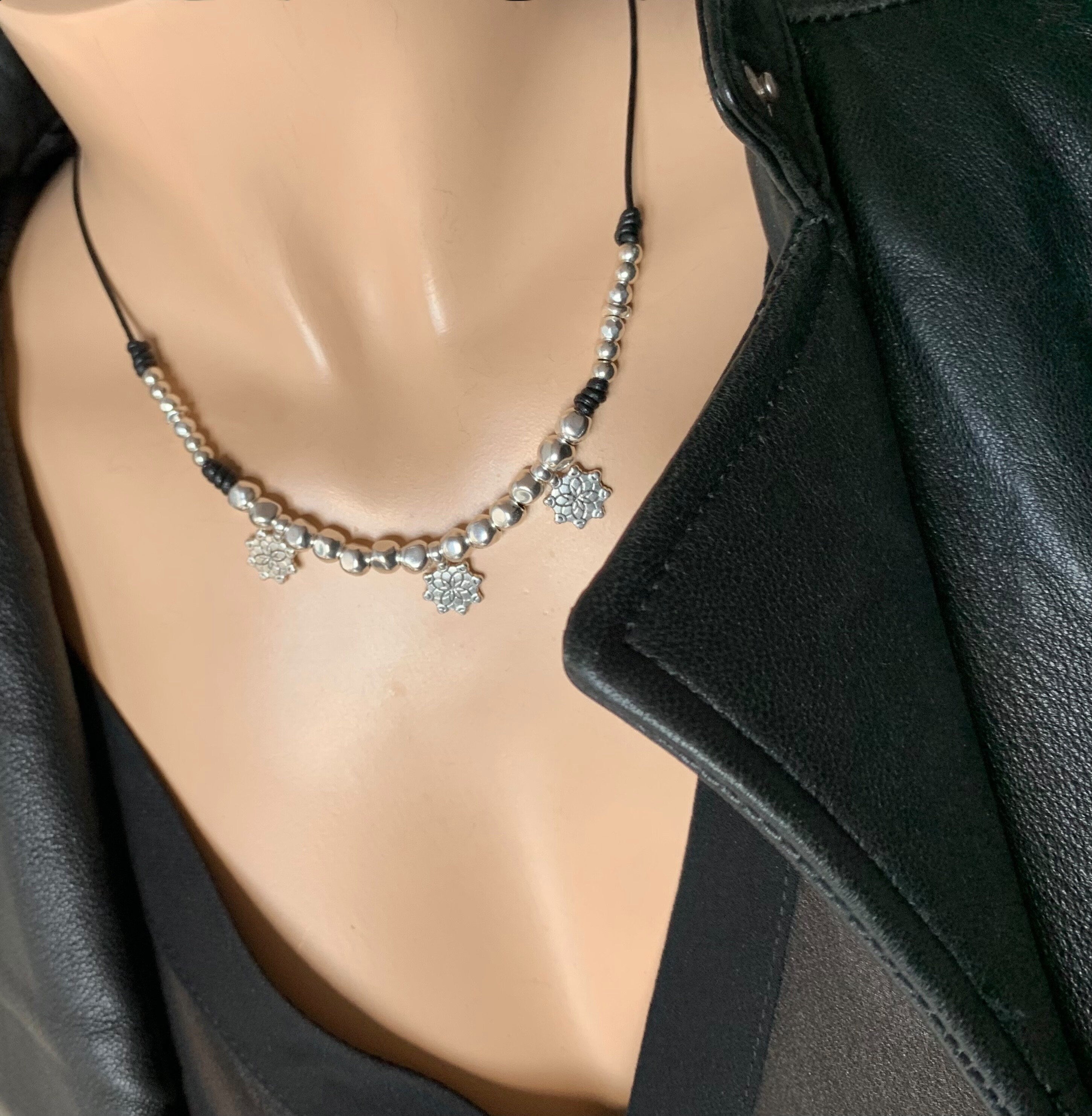 Charms leather silver necklace for women, beaded leather necklace , bohemian necklace, tribal leather necklace, boho choker, gift for women
