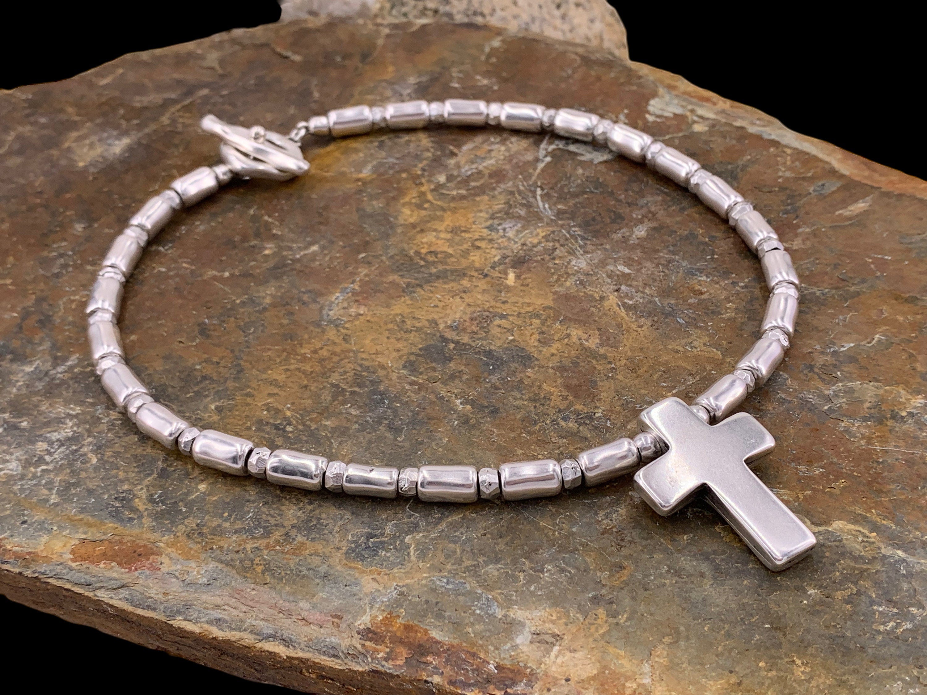 Chunky Silver Tube Bead Necklace – Large Cross Pendant – Heavy Statement Jewelry – Custom Length - statement cross pendant- unisex necklace