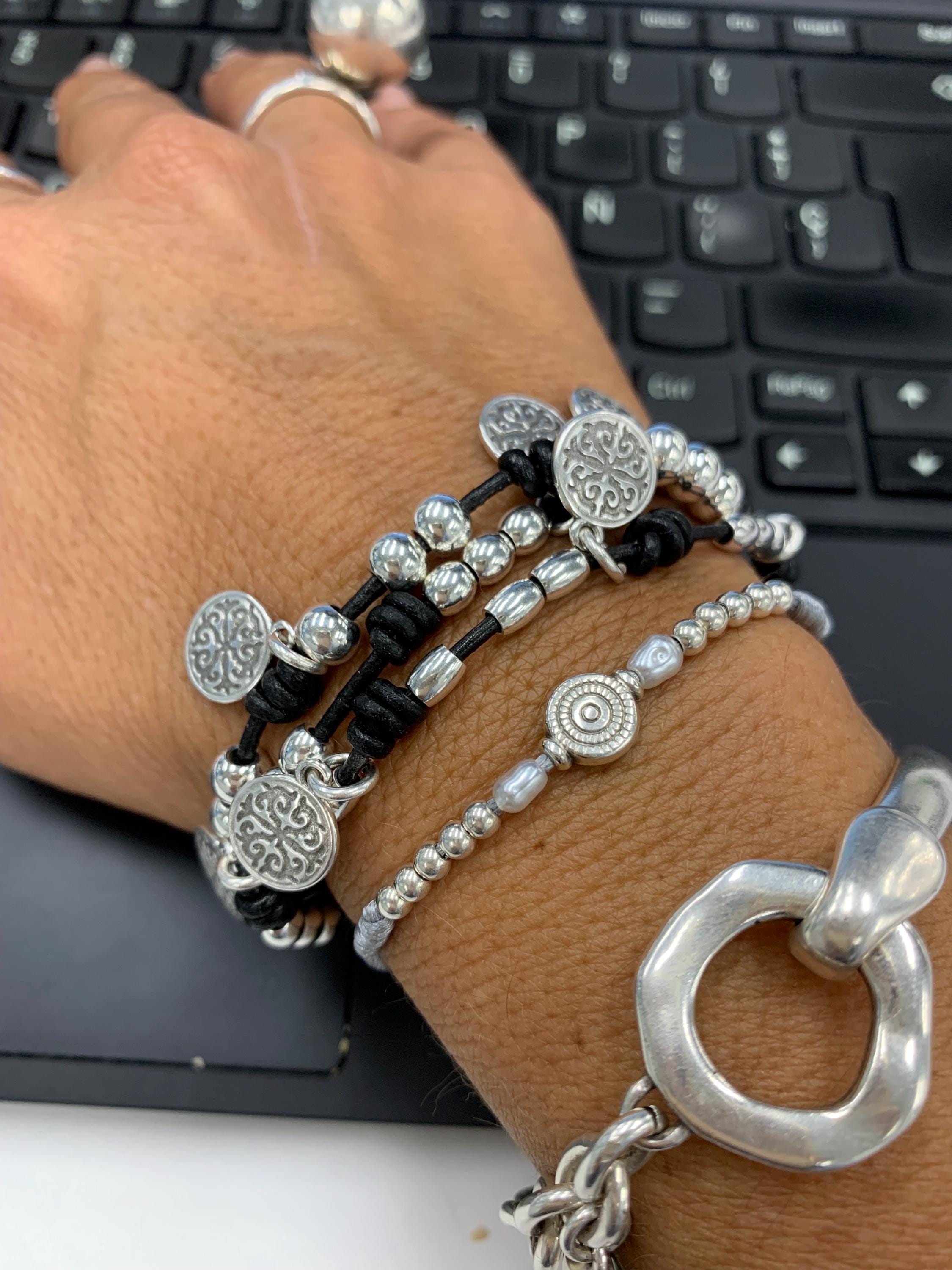 multi strand chunky silver charm leather bracelet, wrap leather silver coin pendants bohemian bracelet, layering wrap gypsy bracelet, gift