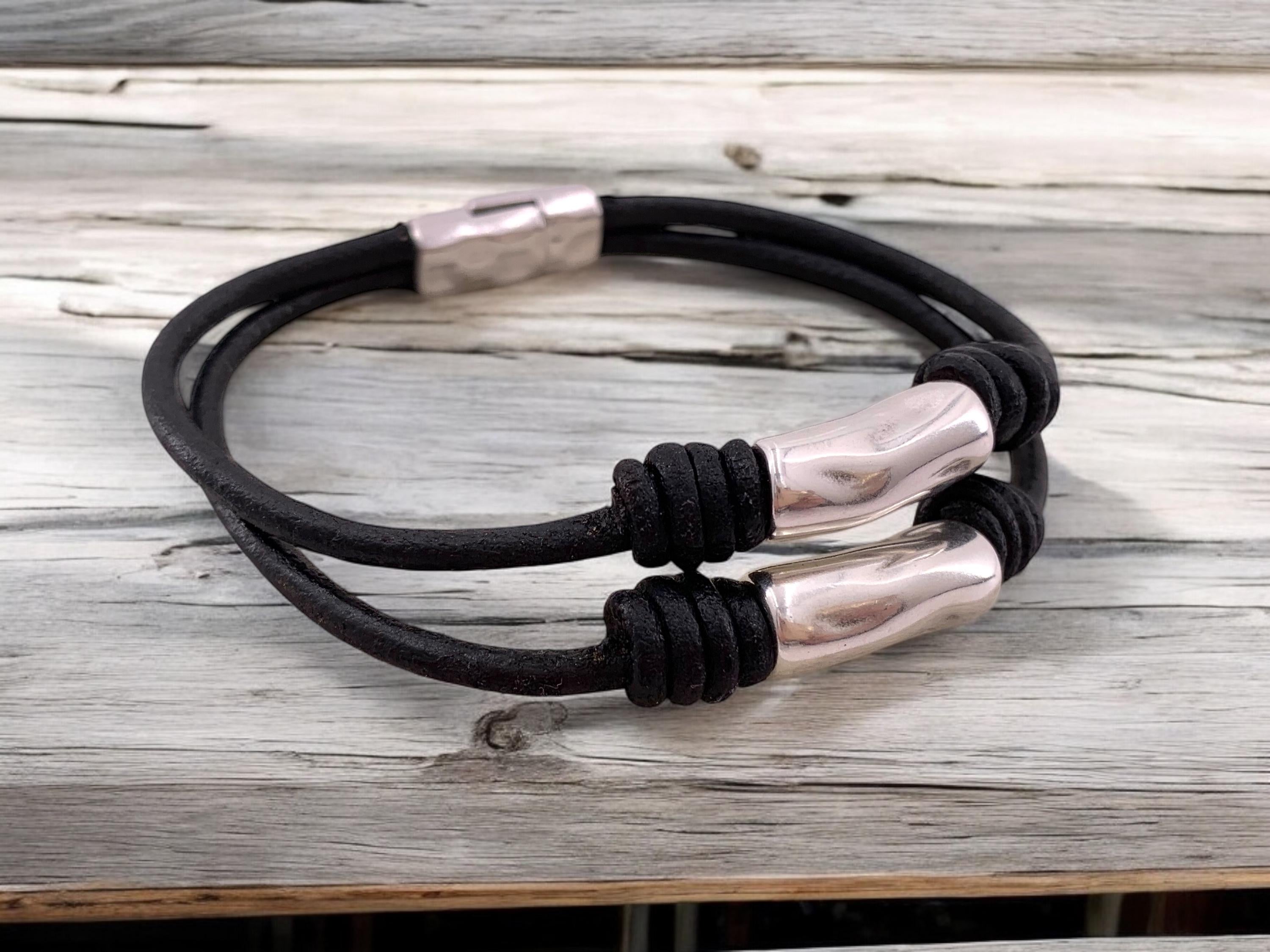 leather bracelet for men, silver leather bracelet, man bracelet, rock bracelet, doble bracelet, wrap leather bracelet, , gift
