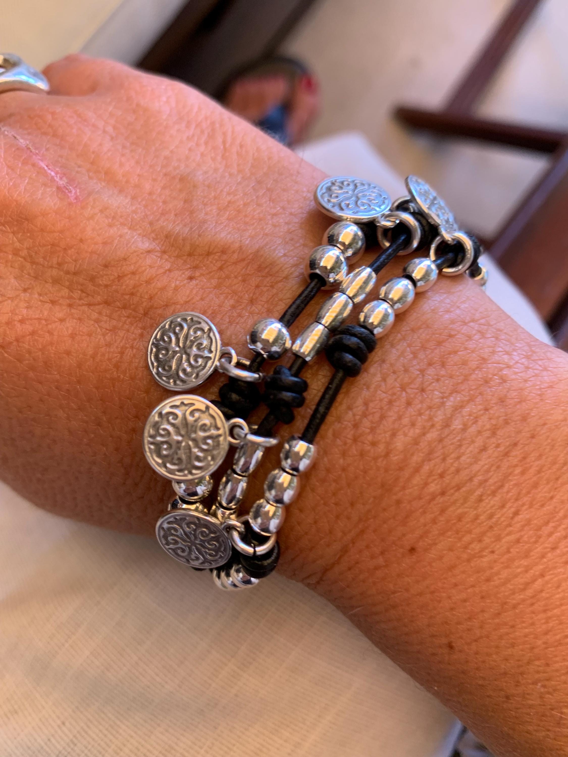 multi strand chunky silver charm leather bracelet, wrap leather silver coin pendants bohemian bracelet, layering wrap gypsy bracelet, gift