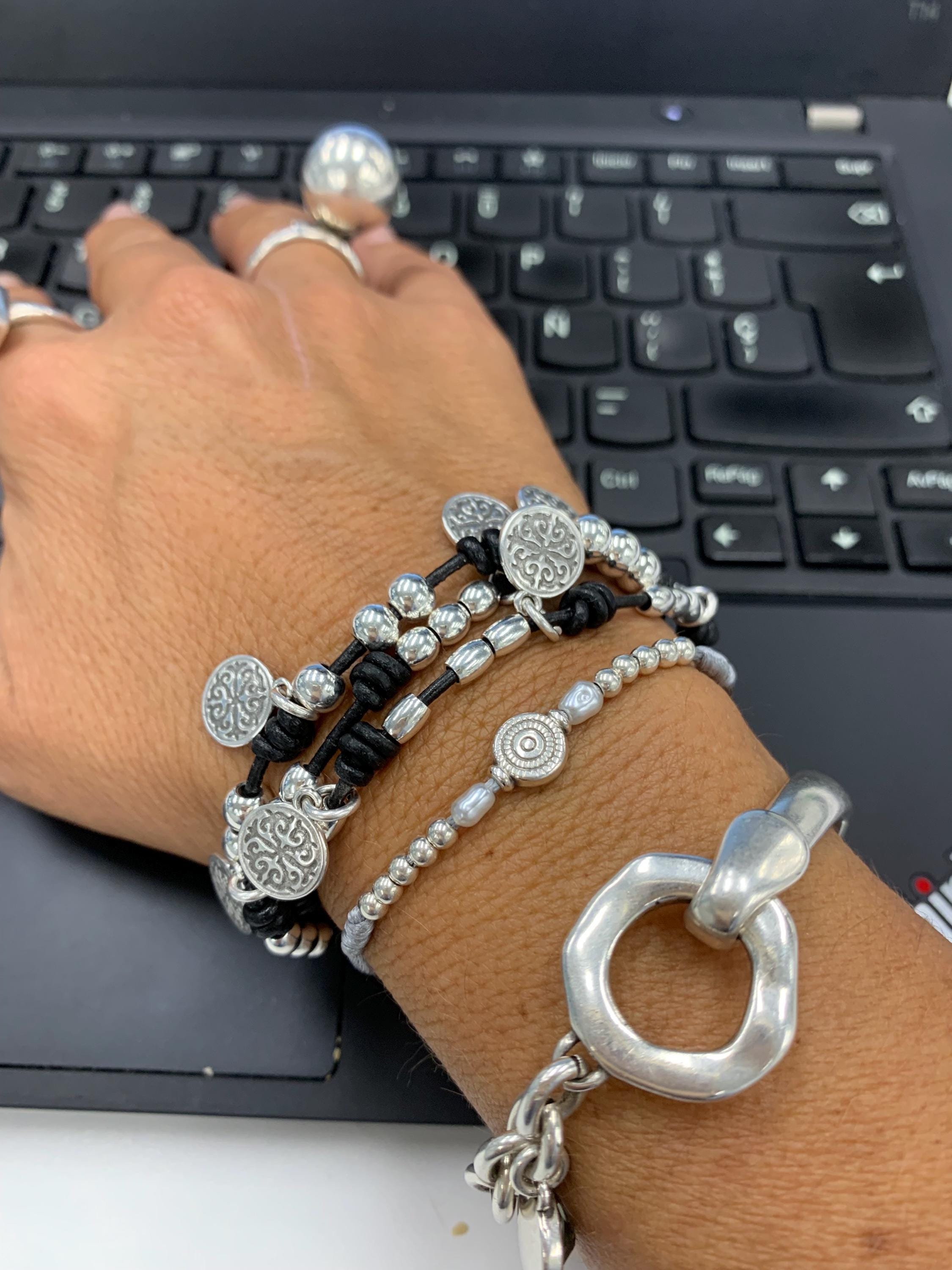 multi strand chunky silver charm leather bracelet, wrap leather silver coin pendants bohemian bracelet, layering wrap gypsy bracelet, gift