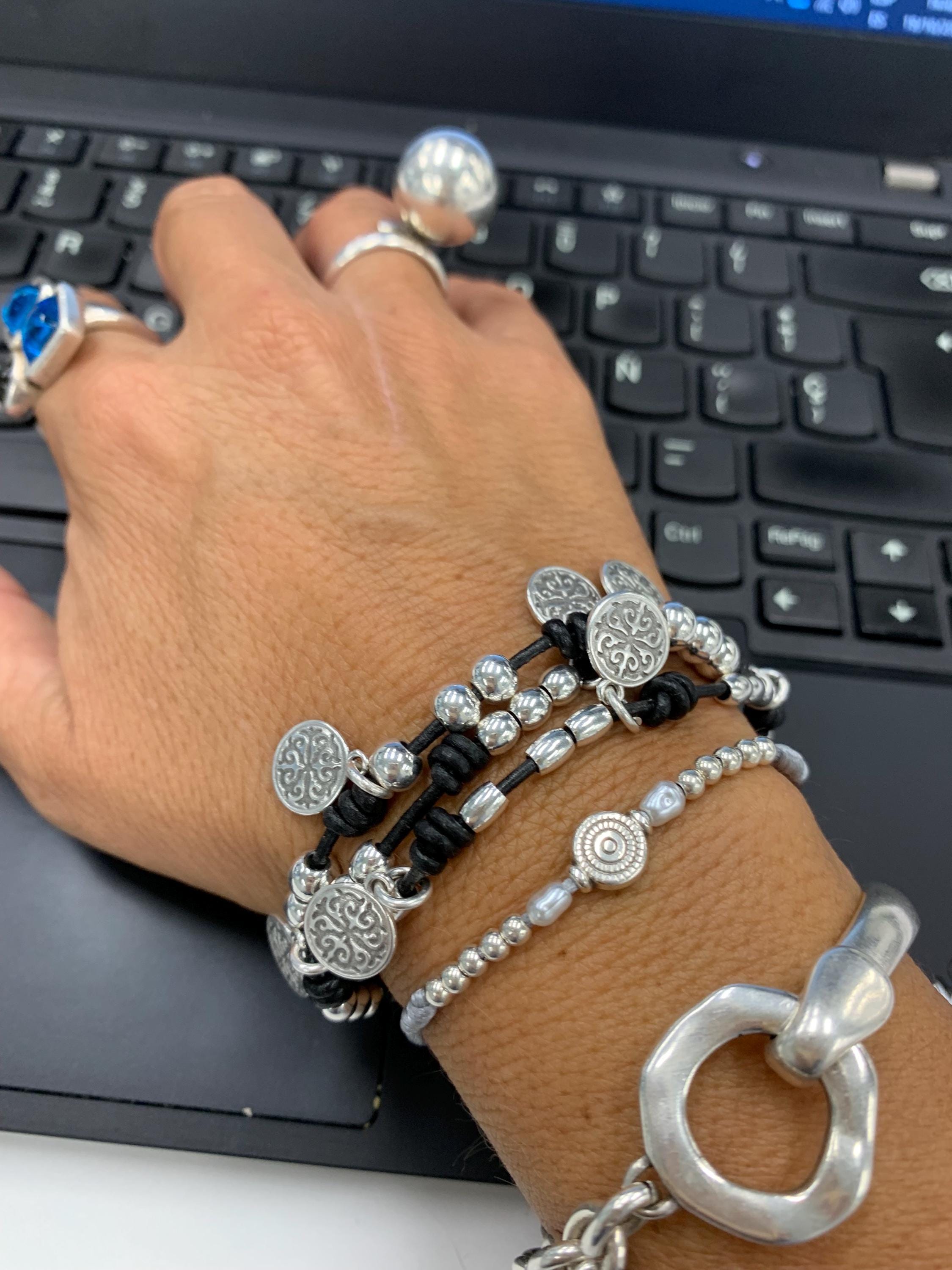 multi strand chunky silver charm leather bracelet, wrap leather silver coin pendants bohemian bracelet, layering wrap gypsy bracelet, gift