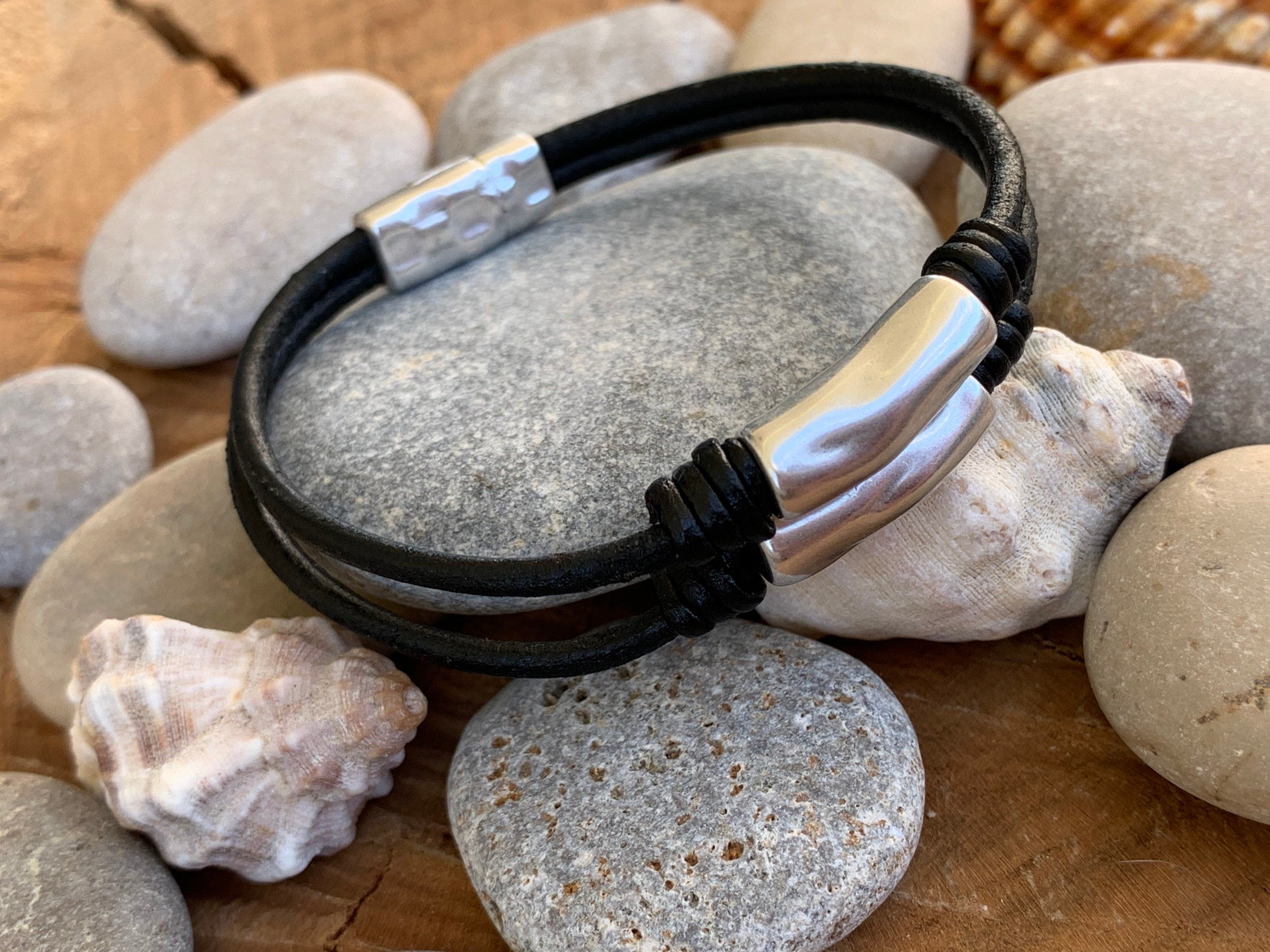 leather bracelet for men, silver leather bracelet, man bracelet, rock bracelet, doble bracelet, wrap leather bracelet, uno de 50 style, gift