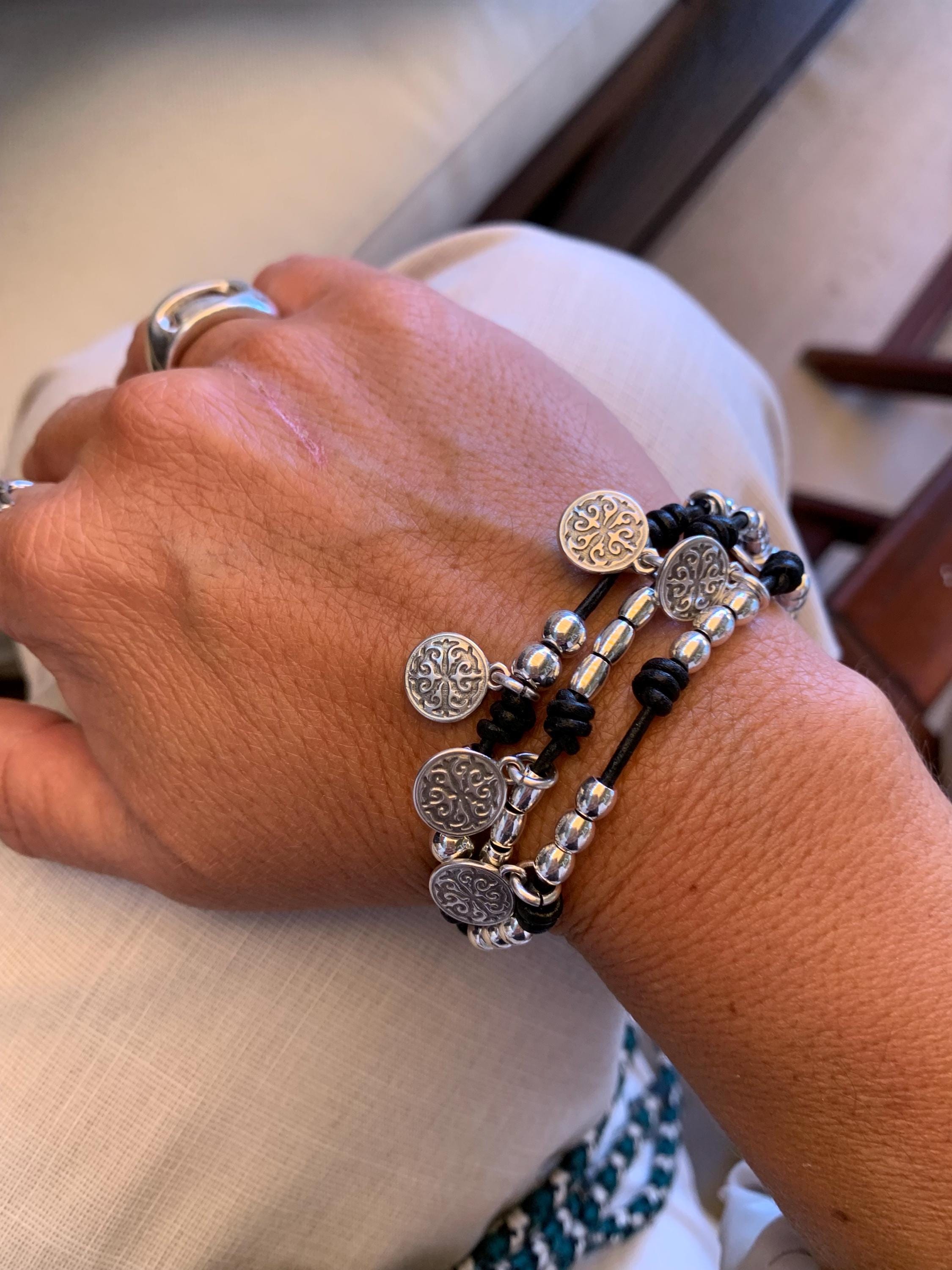 multi strand chunky silver charm leather bracelet, wrap leather silver coin pendants bohemian bracelet, layering wrap gypsy bracelet, gift