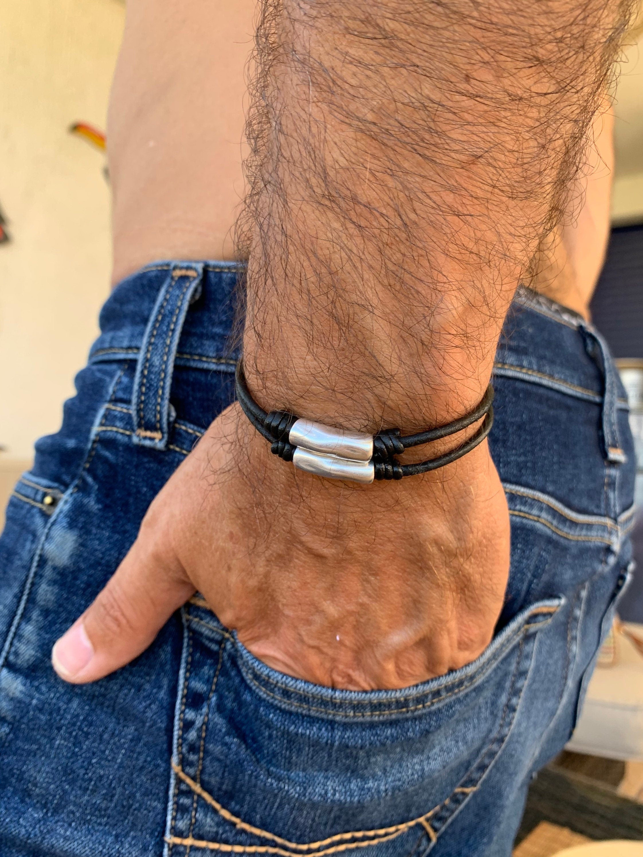 leather bracelet for men, silver leather bracelet, man bracelet, rock bracelet, doble bracelet, wrap leather bracelet, uno de 50 style, gift