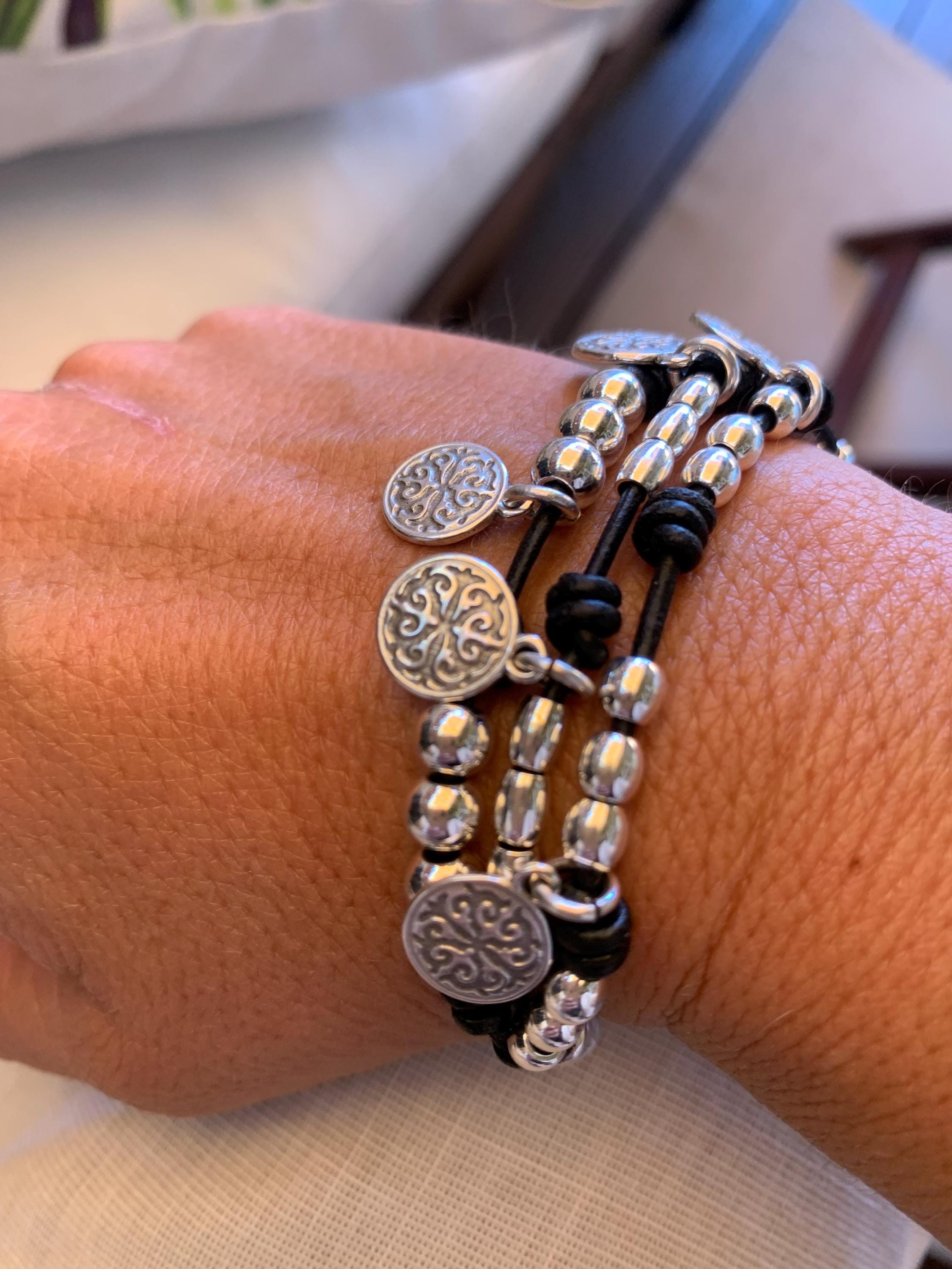 multi strand chunky silver charm leather bracelet, wrap leather silver coin pendants bohemian bracelet, layering wrap gypsy bracelet, gift