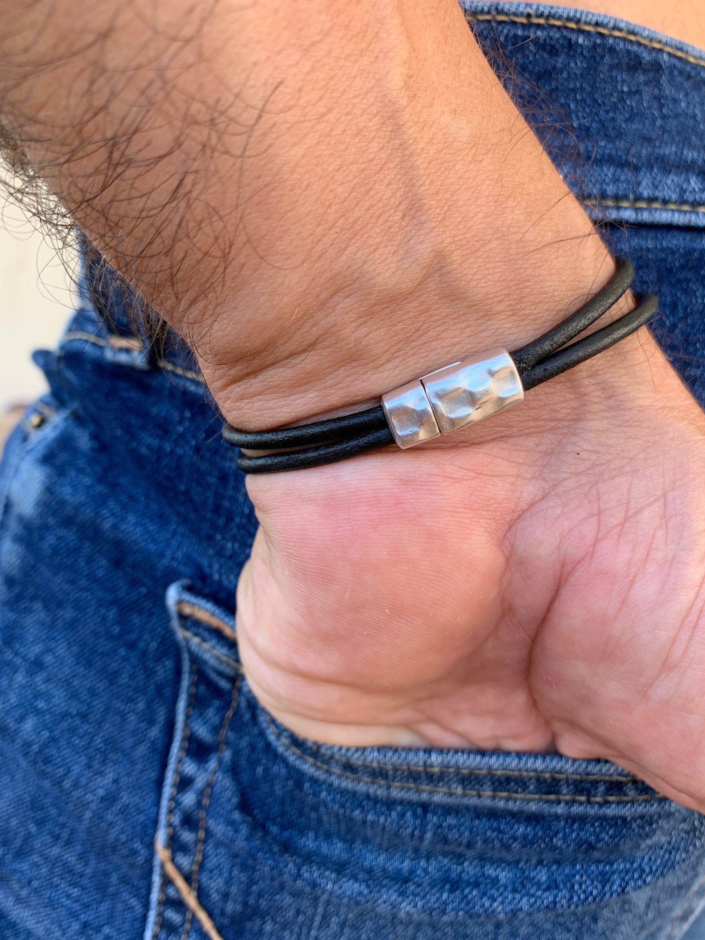 leather bracelet for men, silver leather bracelet, man bracelet, rock bracelet, doble bracelet, wrap leather bracelet, uno de 50 style, gift