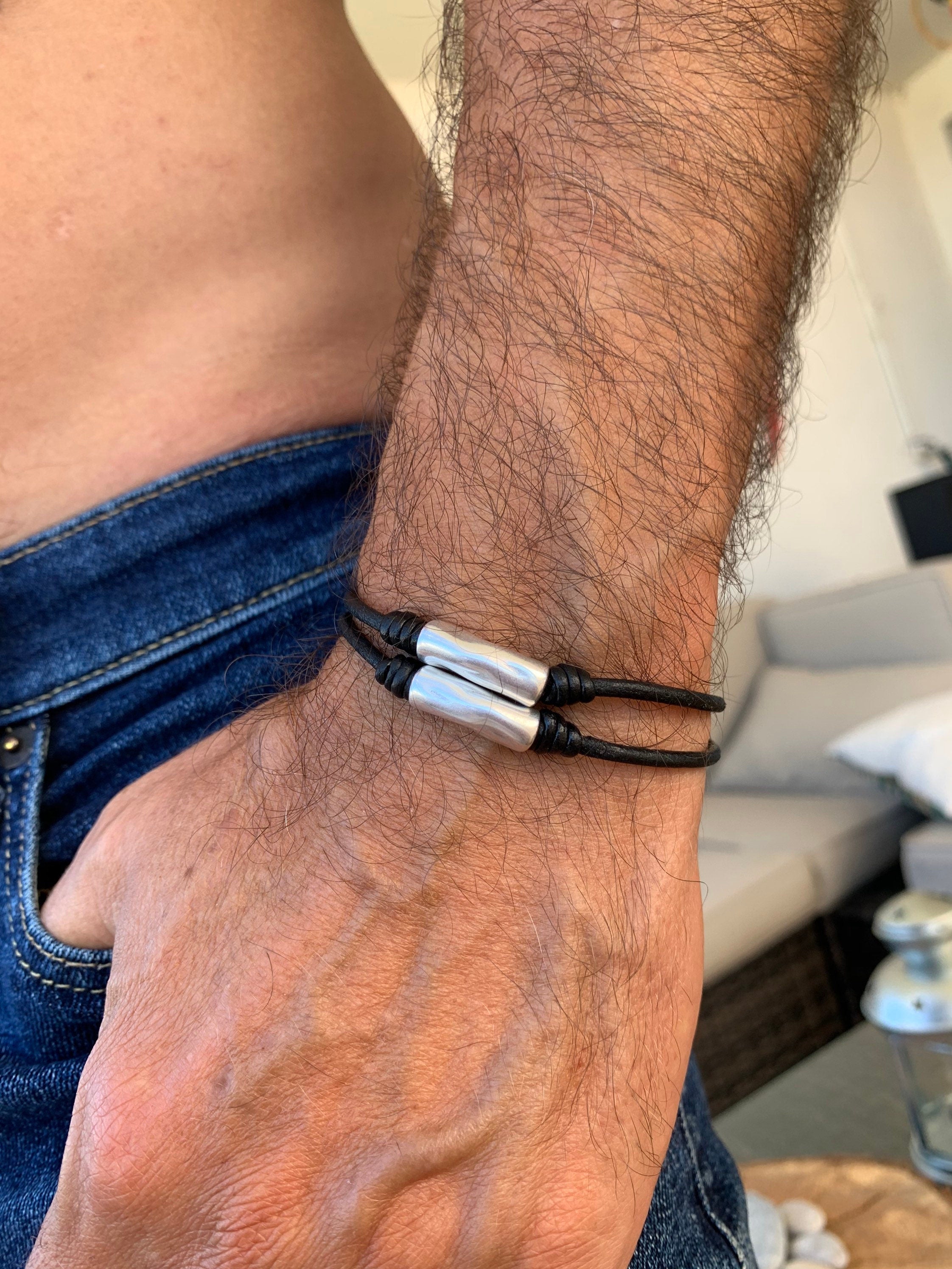 leather bracelet for men, silver leather bracelet, man bracelet, rock bracelet, doble bracelet, wrap leather bracelet, uno de 50 style, gift