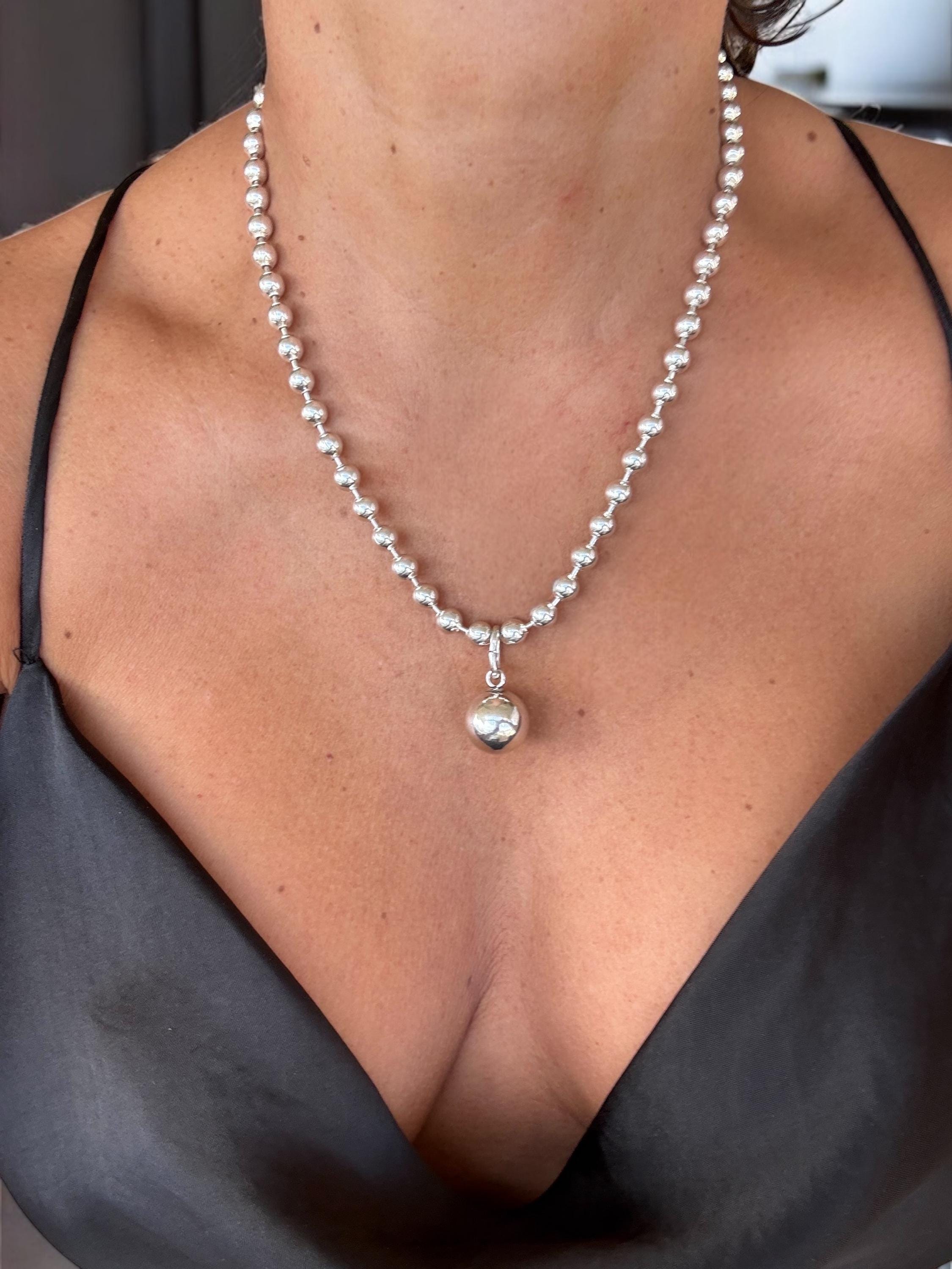 chunky silver necklace with ball pendant, bold balls chain pendant necklace, thick ball chain choker, statement silver necklace, women gift