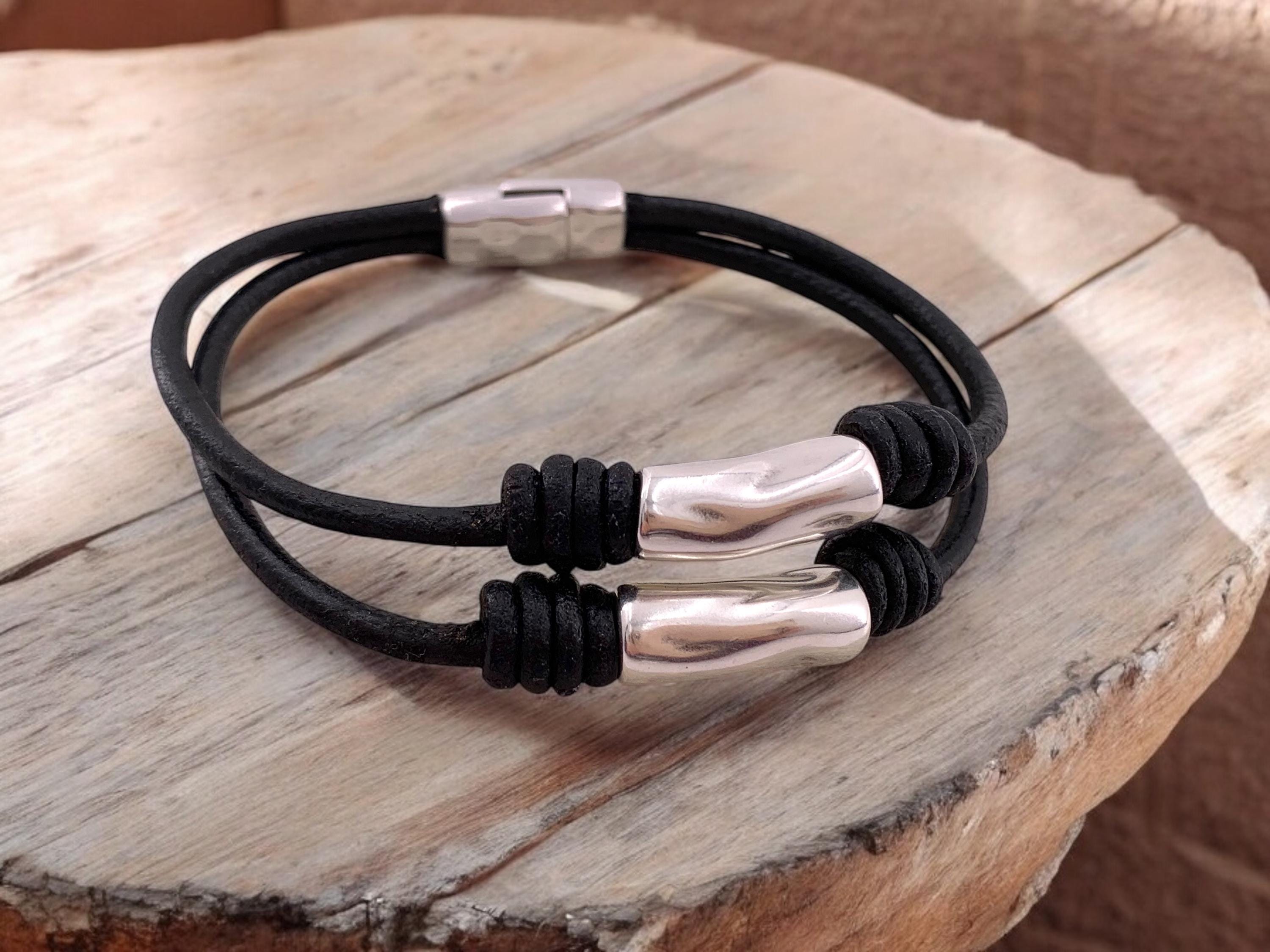 leather bracelet for men, silver leather bracelet, man bracelet, rock bracelet, doble bracelet, wrap leather bracelet, uno de 50 style, gift