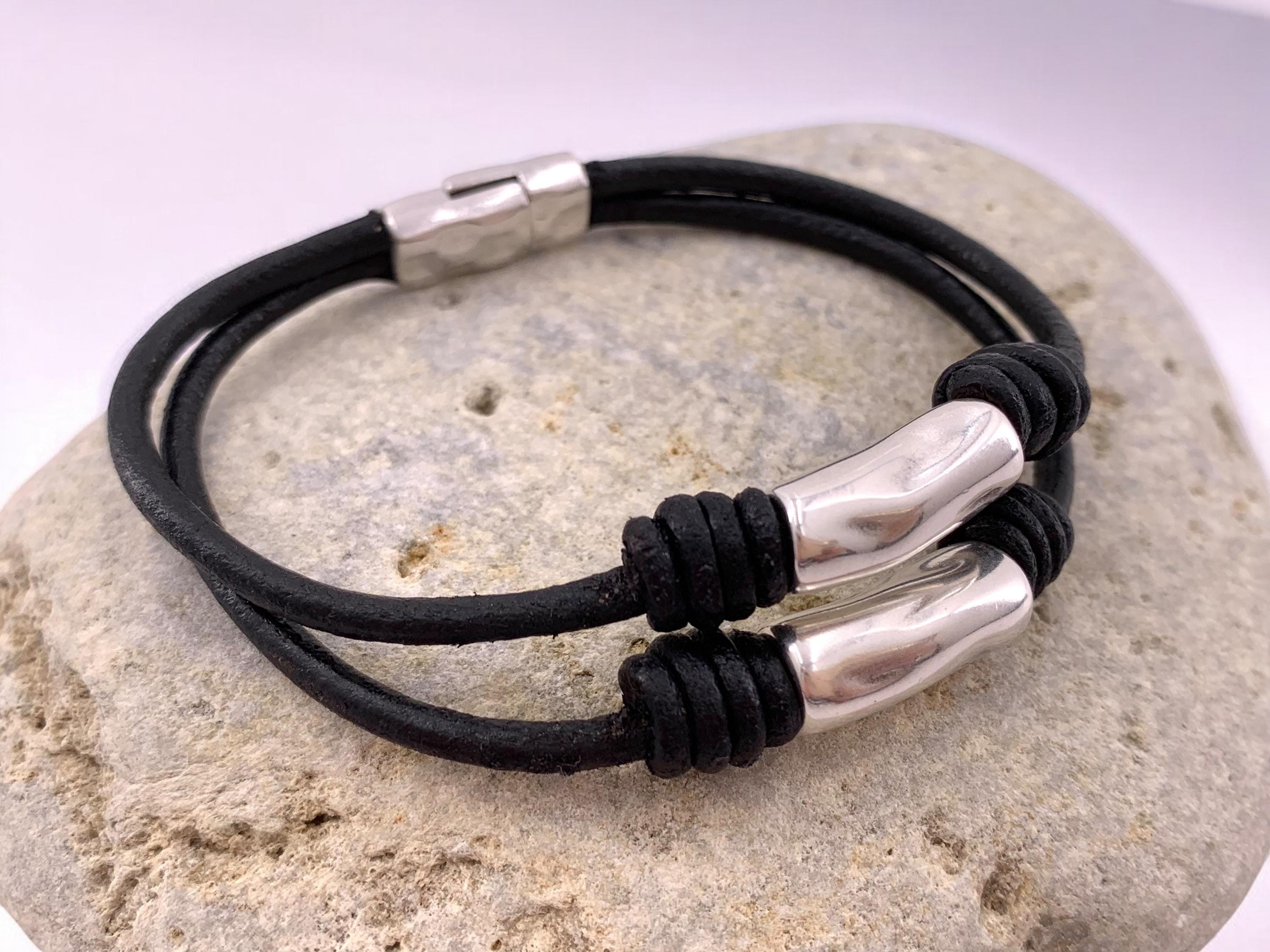 leather bracelet for men, silver leather bracelet, man bracelet, rock bracelet, doble bracelet, wrap leather bracelet, uno de 50 style, gift