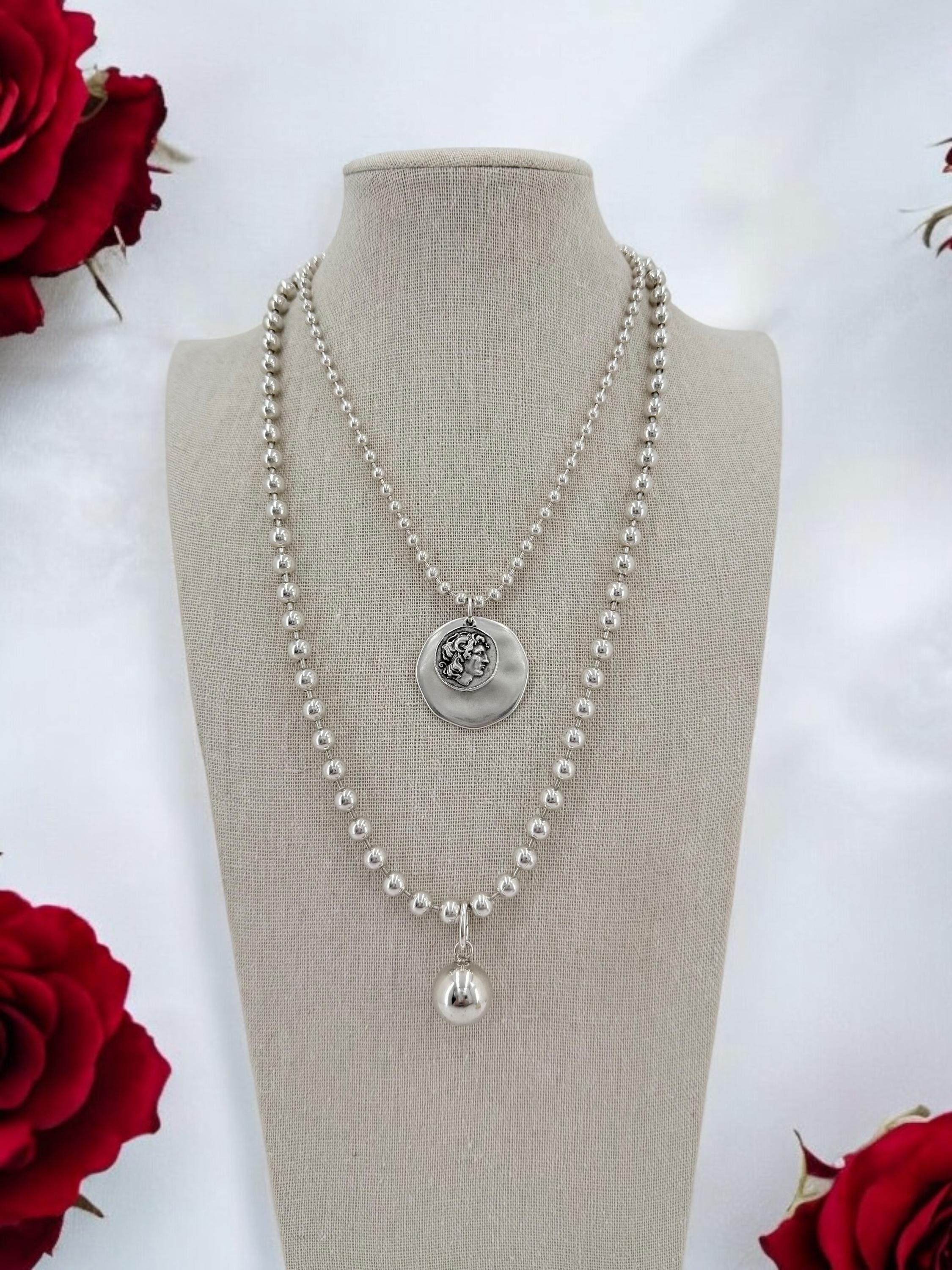 chunky silver necklace with ball pendant, bold balls chain pendant necklace, thick ball chain choker, statement silver necklace, women gift