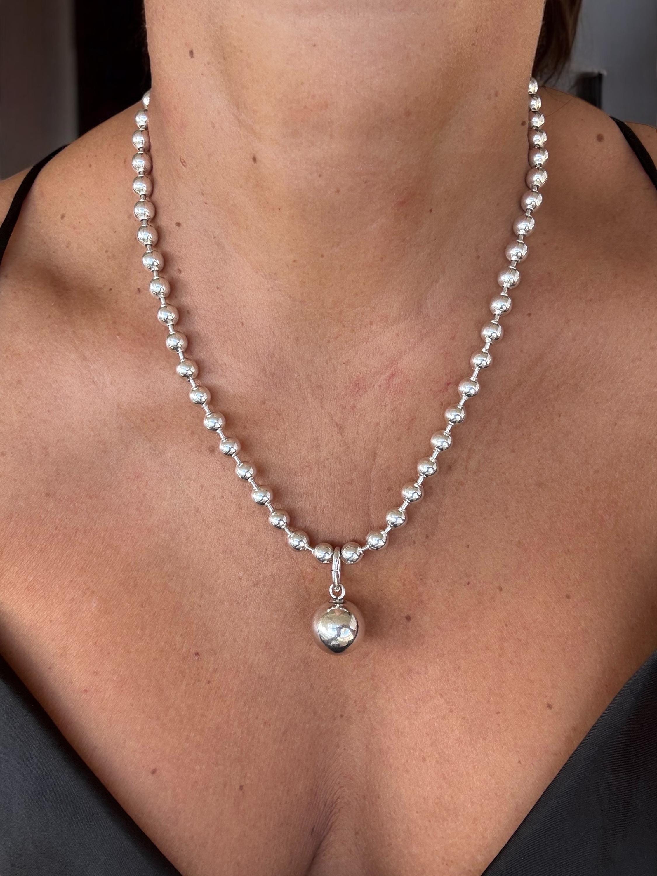 chunky silver necklace with ball pendant, bold balls chain pendant necklace, thick ball chain choker, statement silver necklace, women gift
