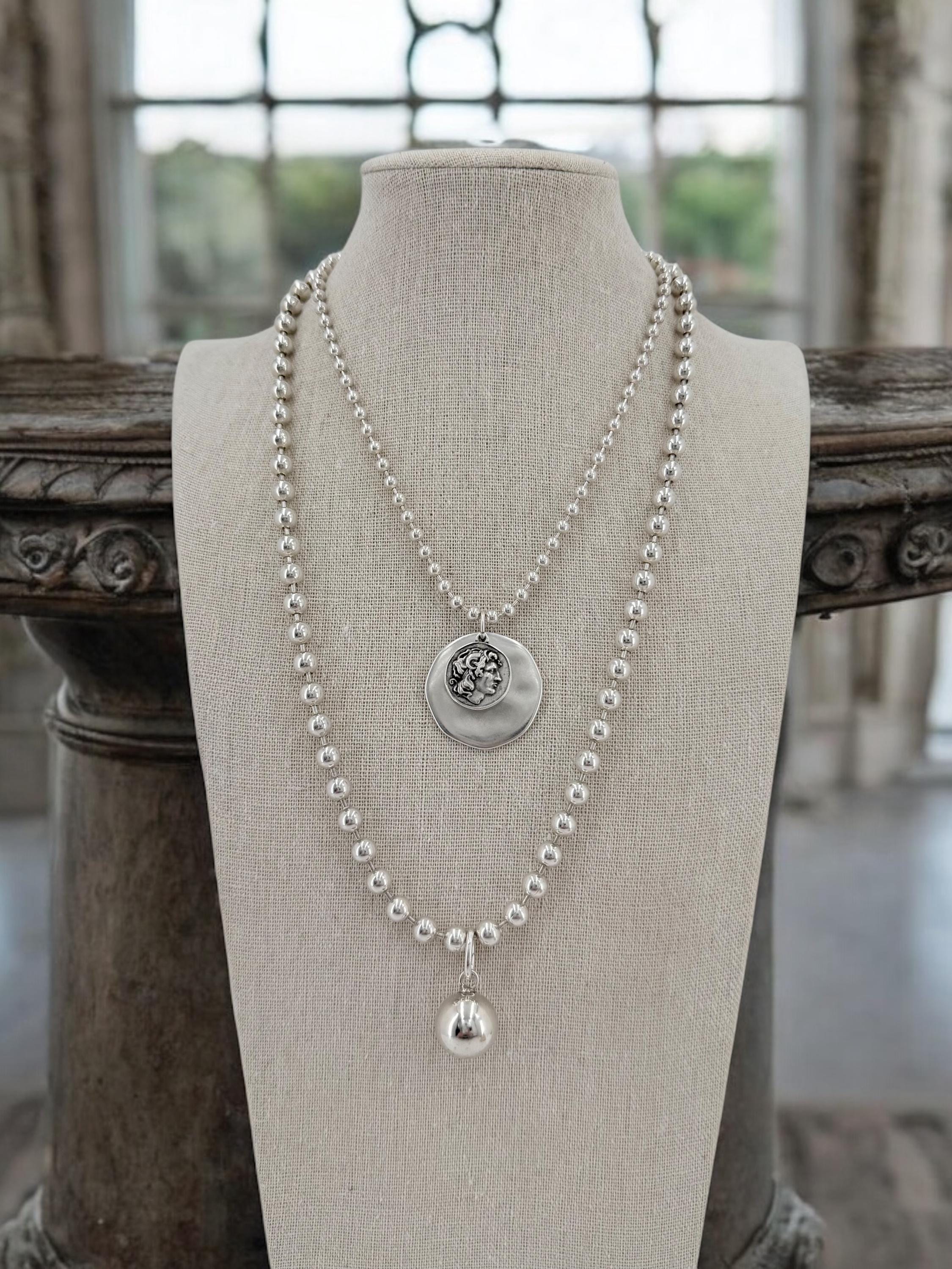 chunky silver necklace with ball pendant, bold balls chain pendant necklace, thick ball chain choker, statement silver necklace, women gift