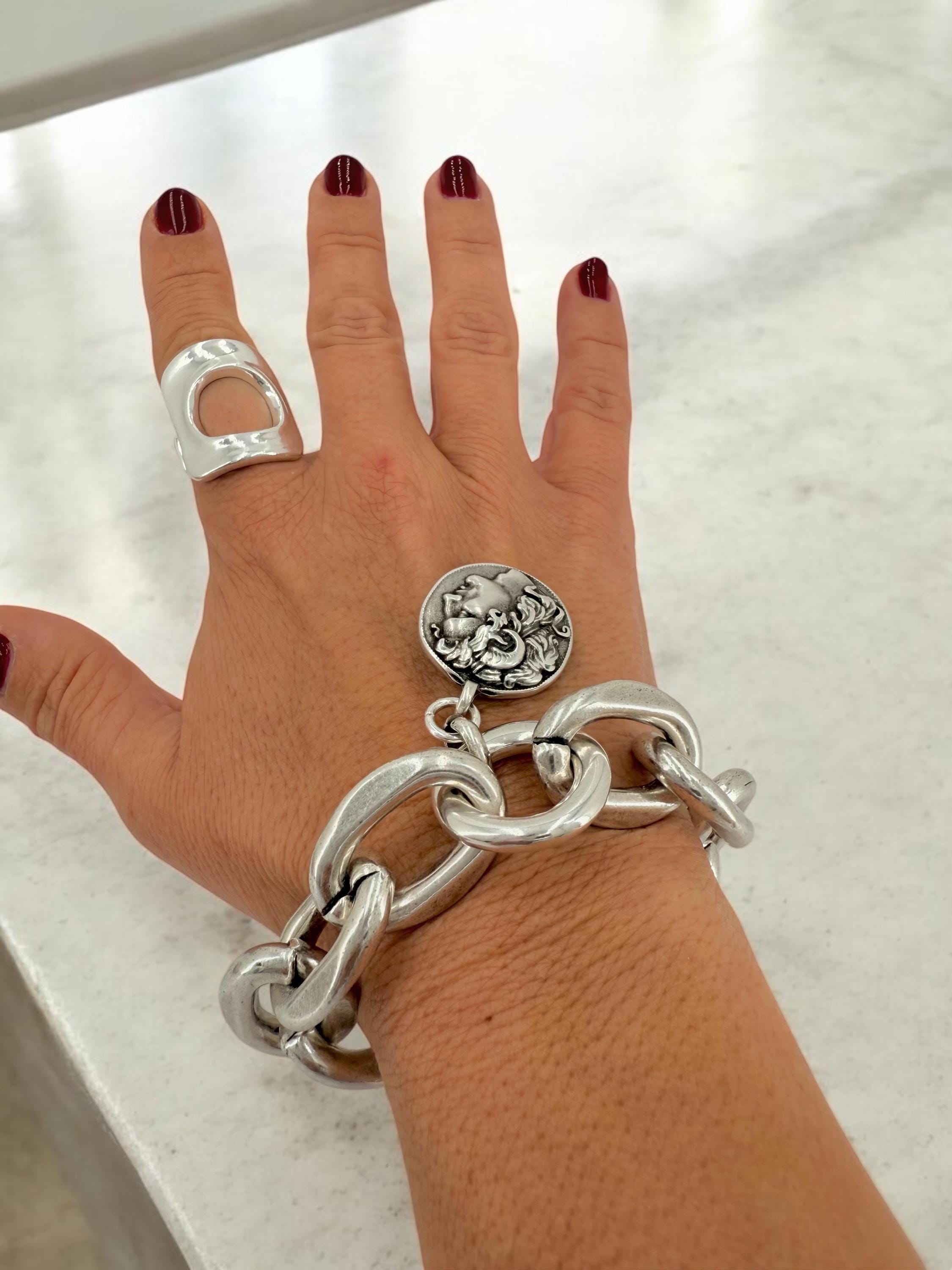 Chunky Silver Bracelet – Alexander the Great Coin Pendant – Thick Link Chain – Handmade Kukuri Jewelry