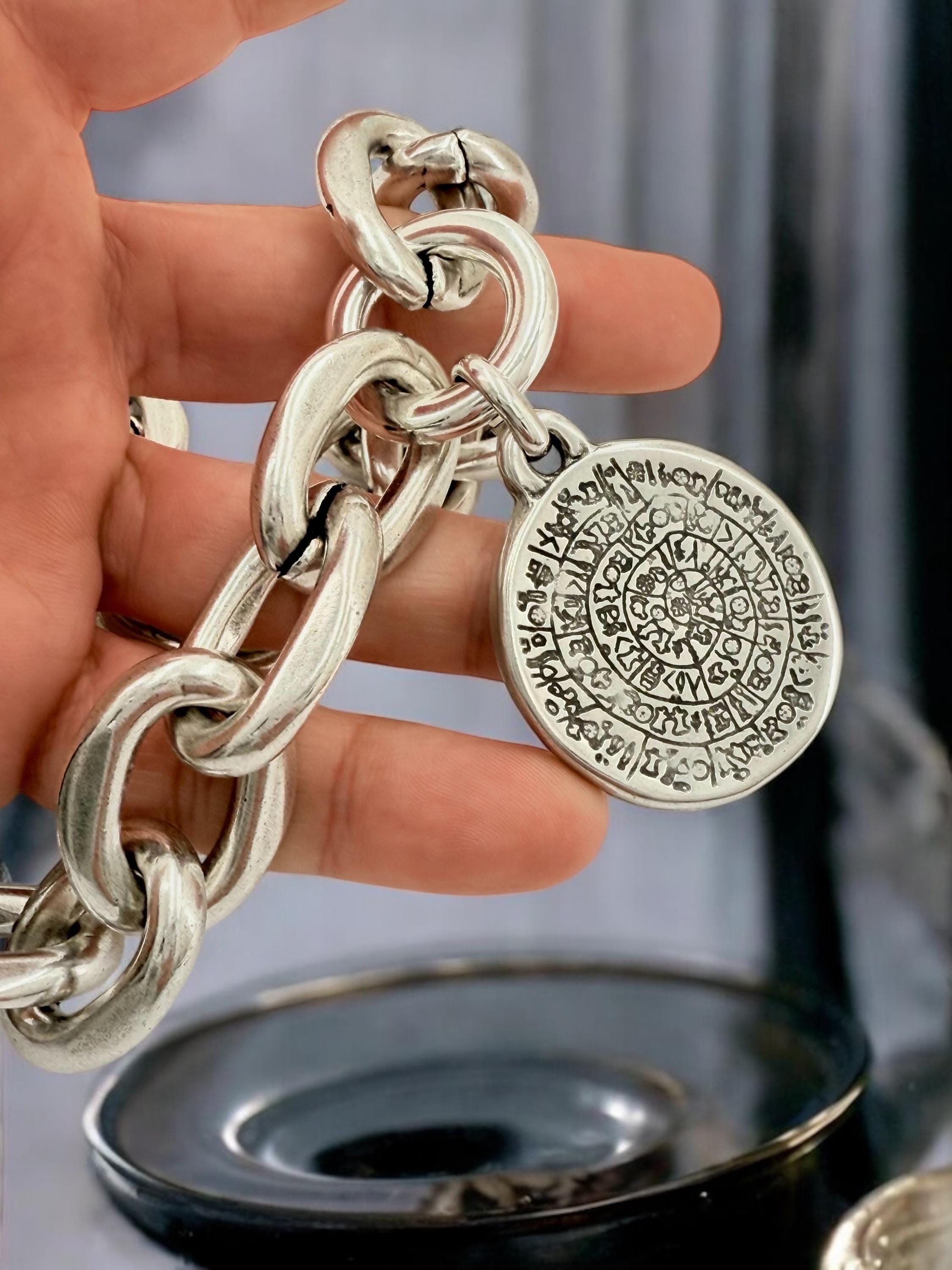 Chunky Coin Pendant Necklace – Esoteric Symbol Disc on Lightweight Silver bold Chain – Mystical Statement Jewelry