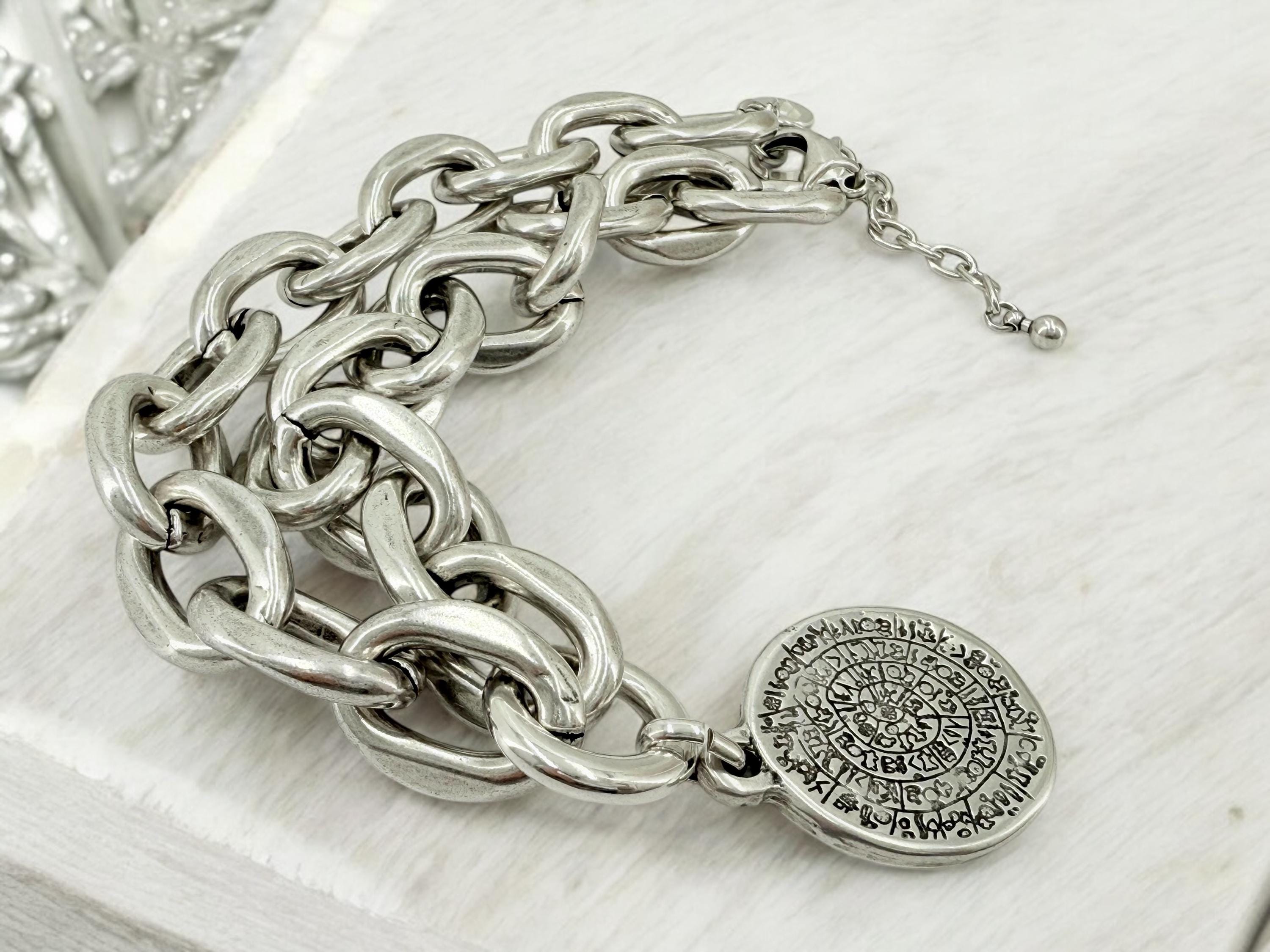 Chunky Coin Pendant Necklace – Esoteric Symbol Disc on Lightweight Silver bold Chain – Mystical Statement Jewelry